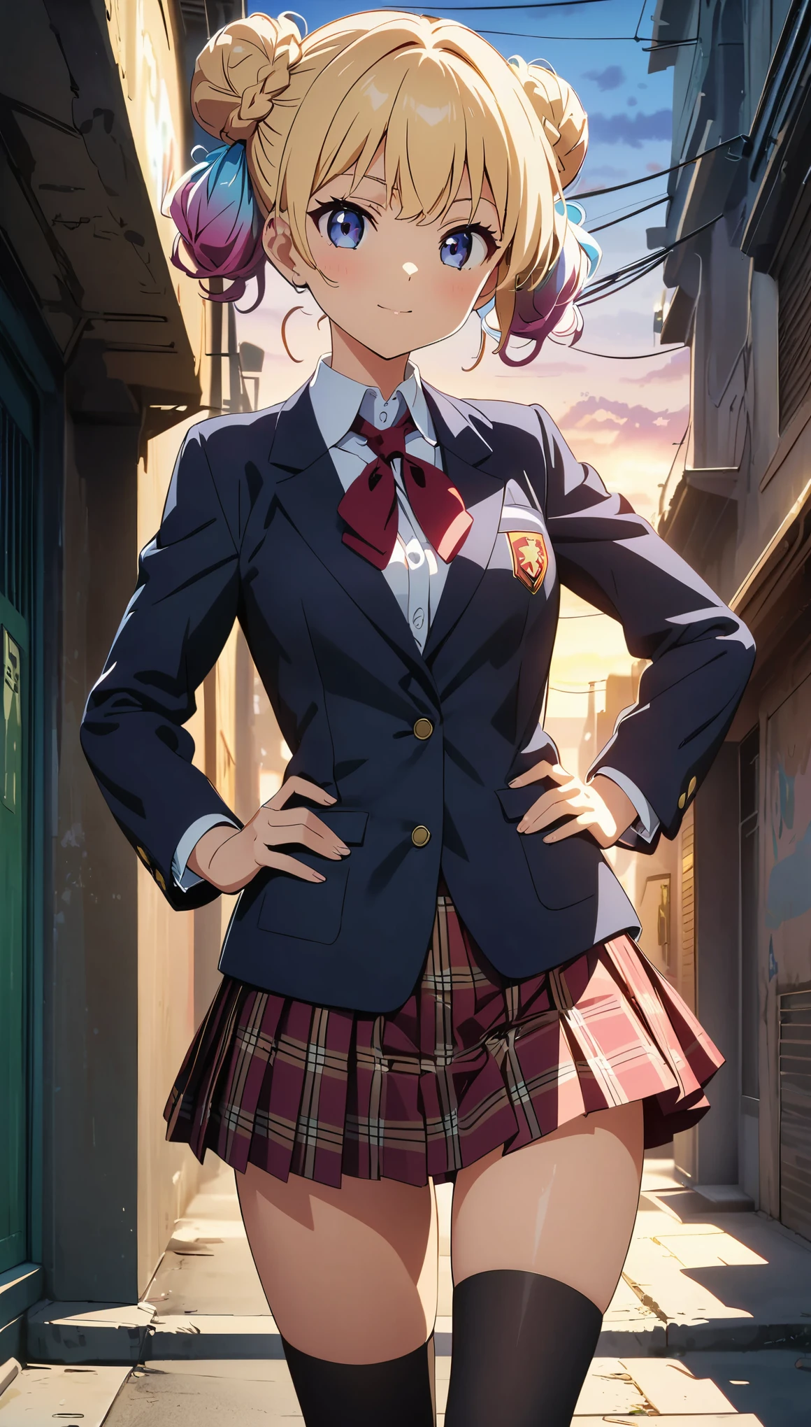 (highest quality:1.2, Anime artwork, Anime Style, Studio Anime, Very detailed, Latest, Vibrant, Anime Coloring, High Contrast, masterpiece:1.2, highest quality, Best aesthetics), Blue plaid pleated skirt:1.5, Red tie:1.5, Black blazer, (Private School Uniforms), Beautiful thighs, Black Stockings, Gradient hair, triple bun, Perfect body line, Skin with attention to detail, cute, Detailed face, Random Pause, Put your hands on your hips:1.2, alley, bustling street, Accurate Fingers, evening, Illuminated by the setting sun, Soft lighting,