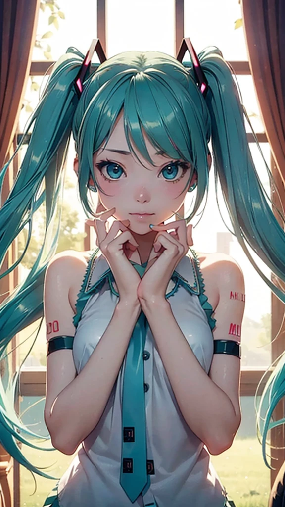 Super detailed, NSFW, masterpiece, High resolution, Photorealistic digital art, perfect lighting, (((1 girl, perfect anatomy))), accurate right hand, accurate left hand, five fingers, perfect style, (((hatsune miku,))) 3d face, big light blue-green eyes, glossy lips, blue-green long hair, shiny skin, A relaxed smile, (((twin tails))), big square hair accessories, (Maomao), 