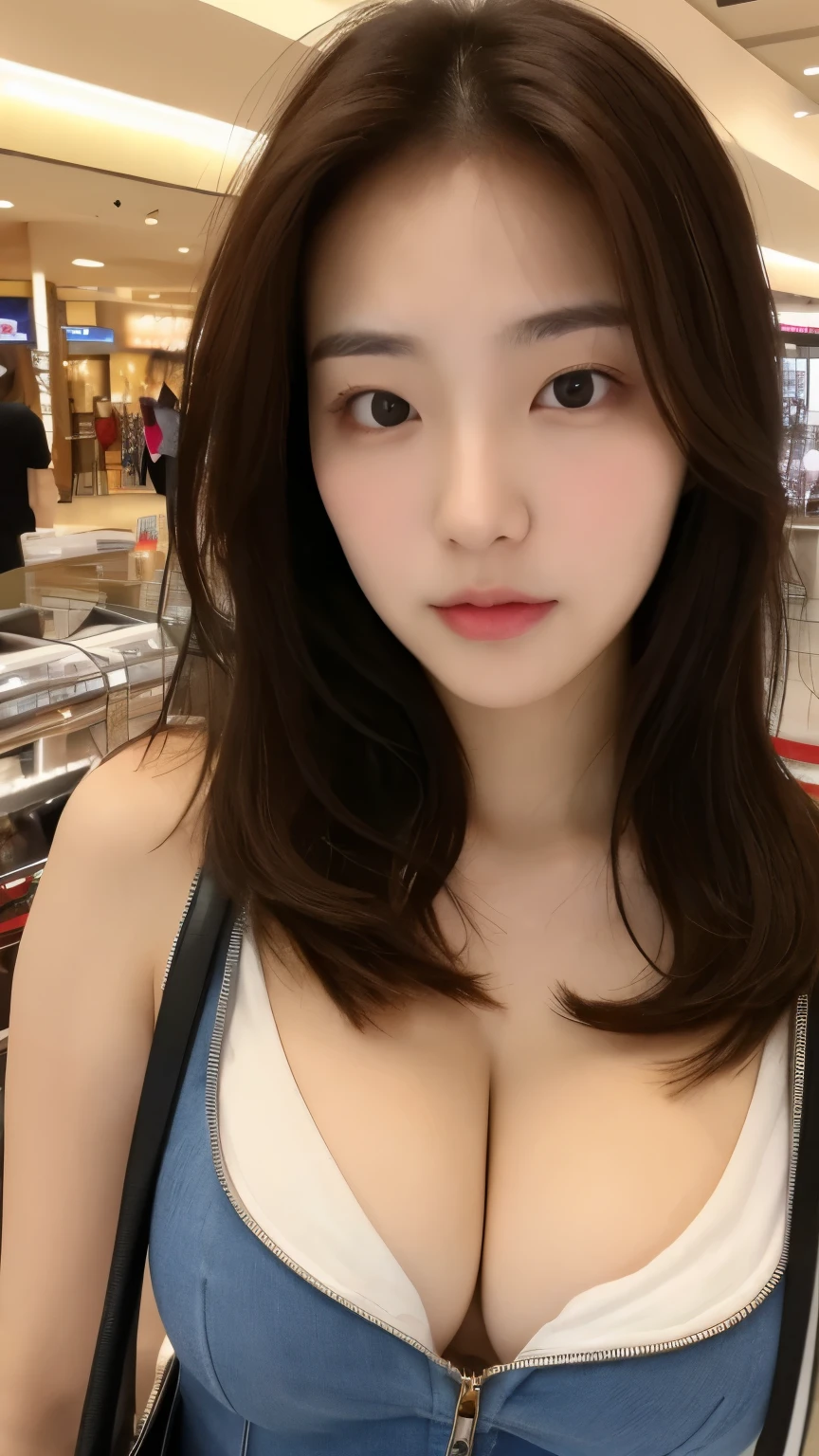 close-up of beautiful korean female, 34 inch breasts size, tie hair, wearing zipper tank top, holding shopping bags, in shopping mall, 