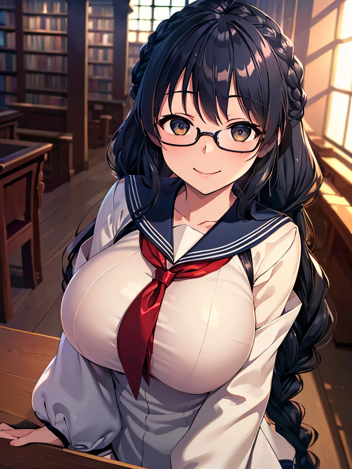 (8k, highest quality, masterpiece:1.2),High quality CG Unity 8k Large file size,Very detailed,High resolution,Beautiful Eyes,Ray Tracing,Dramatic Shadows,finely,Hyper Detail,(1 girl), anime, Perfect body, 

large breast, 
Black Hair, Braid, Glasses, 


(Sailor suit:1.2), 
smile, 

Inside the library, 