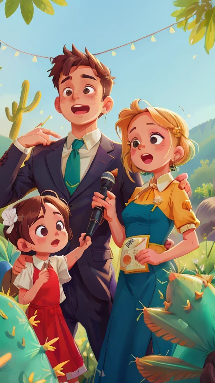 Two young man and woman, political formal suit dresses, holding a microphone, ambos hablando en voz alta y levantando el brazo derecho, al aire libre, cactus y cerros de fondo, feliz, calidad perfecta, enfoque claro (desorden - hogar: 0.8), (Obra maestra: 1.2) (realista: 1.2) (bokeh) (mejor calidad) (Piel detallada: 1.3) (detalles intrincados) (8k) (Detalle ojos) (sharp focus), (feliz)