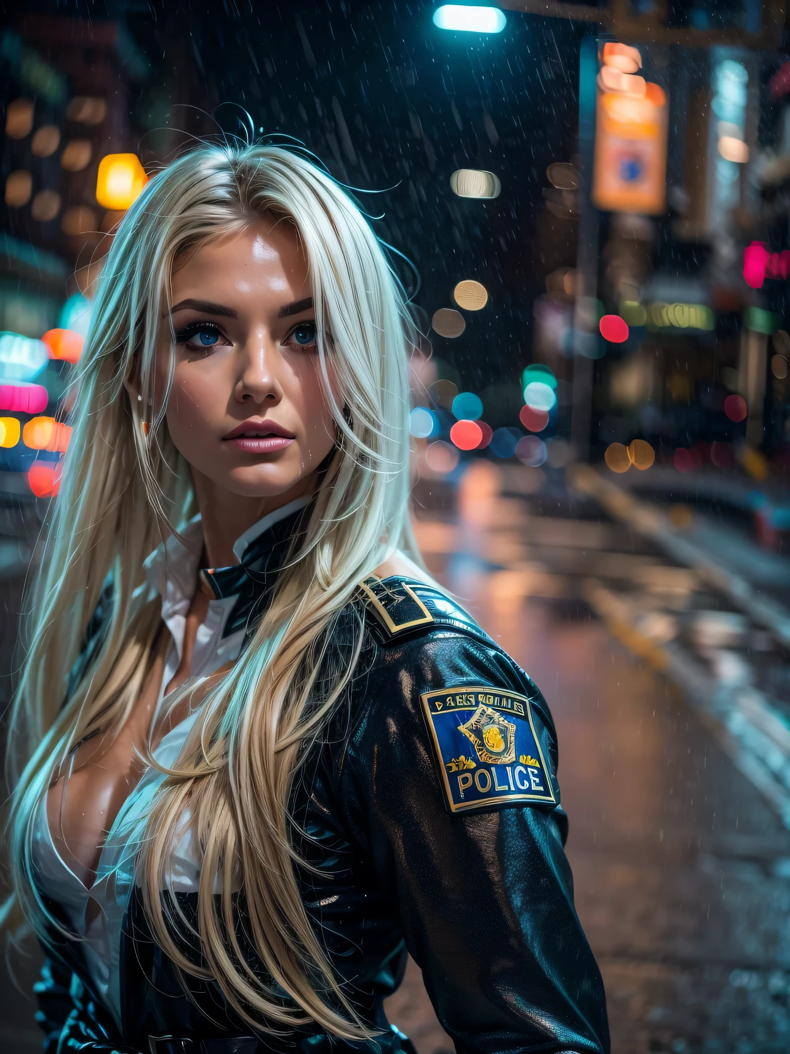 British instagram model, platinum blonde long hair, policewoman cosplay, night light, on a wet street, traffic, perfect body, perfect face, perfect skin, best image, police uniform, sexy