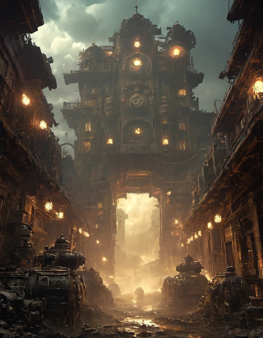 A man in a white robe wearing a gas mask walks through a destroyed city，Heavy rain(illumination,The City of Doom,abandoned,dystopia,Futurism,Dark atmosphere,Overgrown vegetation,Deserted streets,Crumbling building,black wall,broken windows,There are fragments everywhere,Cause desolation、Chaotic atmosphere. ),[Steampunk survivor,Gas Mask,Trench coat,Brass decoration,cogs and gears,]，The sky was dark,partly cloudy,Dazzling lightning,despair,Unforgettable Silence,lost hope,Epidemic of disease.Sepia color palette,Strong contrast,Emotional illumination.(best quality,high resolution,masterpiece:1.2)，background fog， high resolution， detail， RAW photos， Sharp Reinsurance， Nikon D850 film photo by Jefferies Lee 4 Kodak Portra 400 camera F1.6 guns, Rich colors, Hyperreal、Vivid texture, Dramatic Lighting, Unreal Engine Art Station Trends, Silast 800，