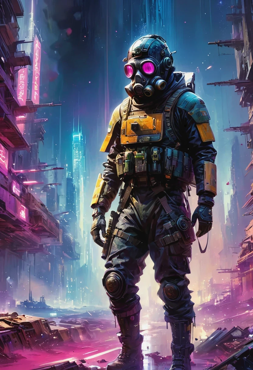 An Araf man wearing a gas mask walks through the destroyed city,Skyline of a dense and sprawling city in a grunge world, Cyberpunk, night, neon, spotlight, Hologram,smokes, magenta, Teal and neon, luminescent, Ethereal Light,Starry Sky, bustling, Space color, Vibrant colors, Watercolor style, Ultra-realistic lighting, Futuristic pattern, Vibrant colors, A detailed world of digital art, Color Splash John Berkey Style Page, (masterpiece:1.2), best quality, (Ultra Detailed, The most detailed:1.2), High resolution textures,