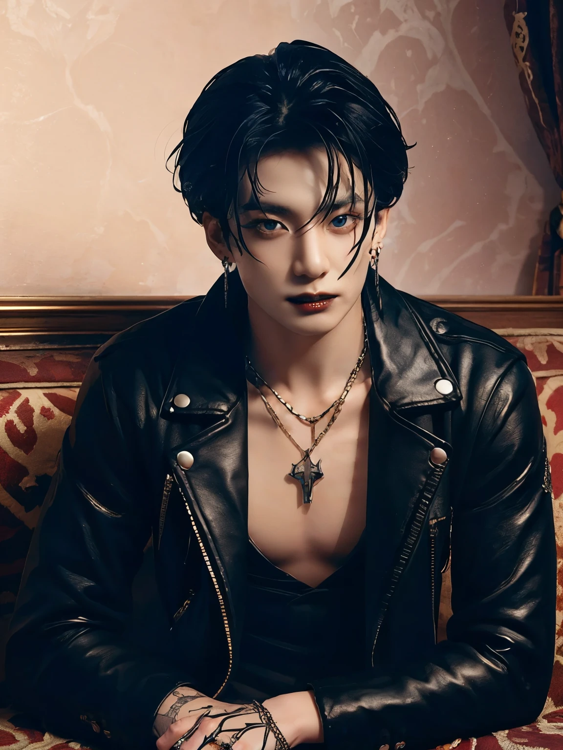 (tmasterpiece, high resolution, ultra - detailed:1.0), (1boy, Young male), perfect male body, (sexy male vampire:1.3), eyes look at the camera, delicate eyes and delicate face, extremely detailed CG, Unity 8k wallpaper, complicated details, solo person, detailed face, (red eyes, stylish and sexy menswear, metal necklace, sit on the sofa in a dark luxury room, modern costumes, (evil smile, grin), male model, (gothic theme:1.3), color difference, depth of field, dramatic shadow, ray tracing, best quality, offcial art, portrait,