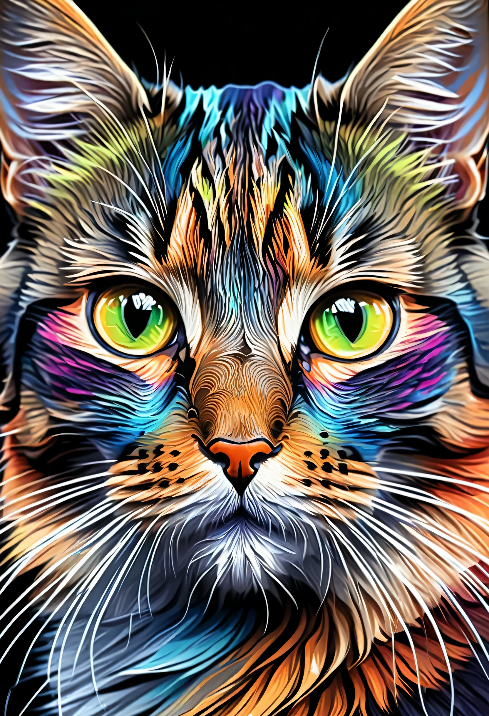 painting of a Cat with a colorful face and eyes, Vector art：Zahari Zograf, Trending on Artstation, fur art, Beautiful art UHD 4K, 4K Detailed Digital Art, Highly detailed digital art in 4K, Cat. Digital Painting, Detailed painting 4k, Digital Art 4k, Digital Art 4k, Digital Art 4k, beautiful neon Cats