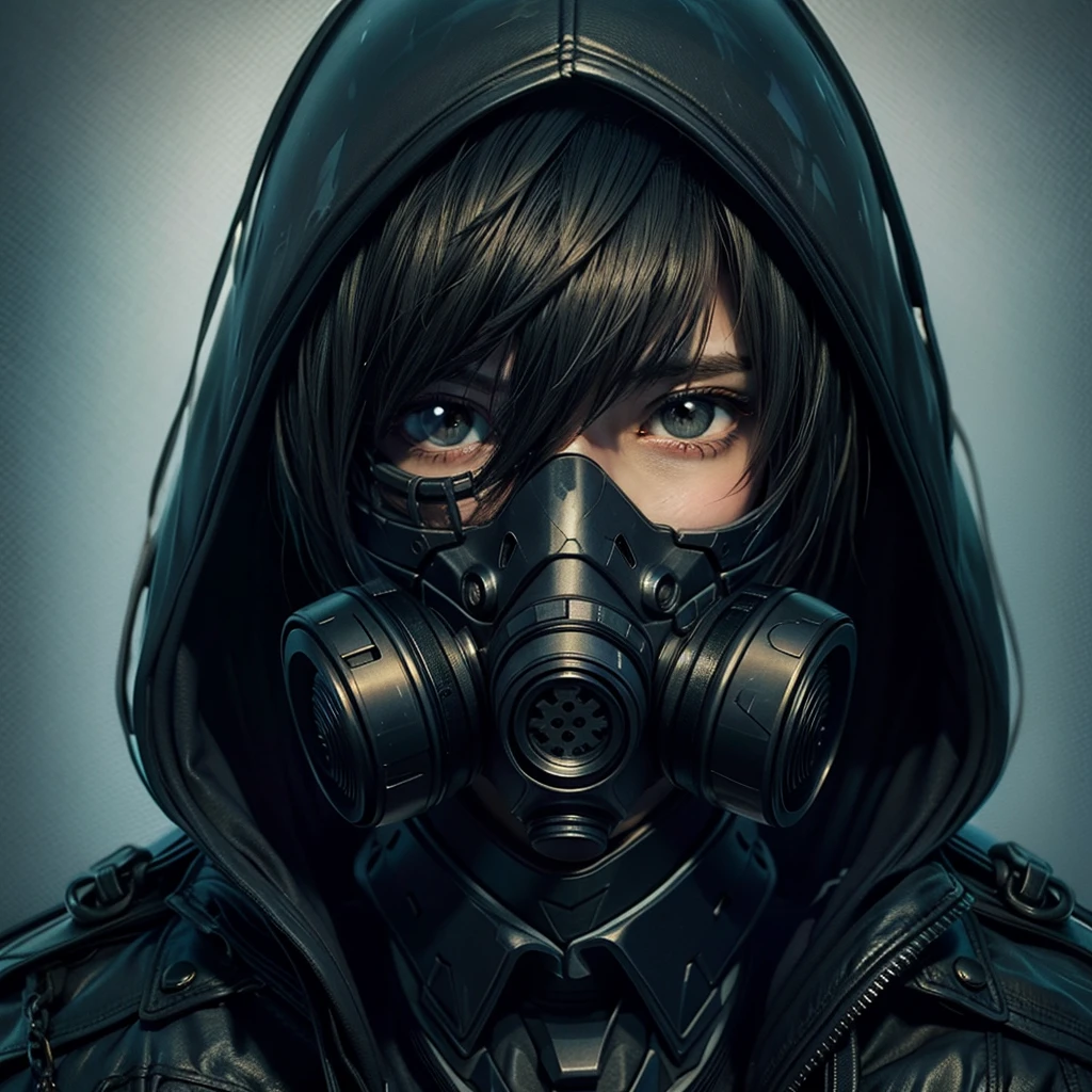 man with black hoodie, black choir outfit, broken black toxic gas mask with helmet, blue left eye, straight hair with only the bangs showing, his eyes are red and represents a look of evil inspired by the vector characters from Resident Evil and Kira from Death Note brunette person realistic image
