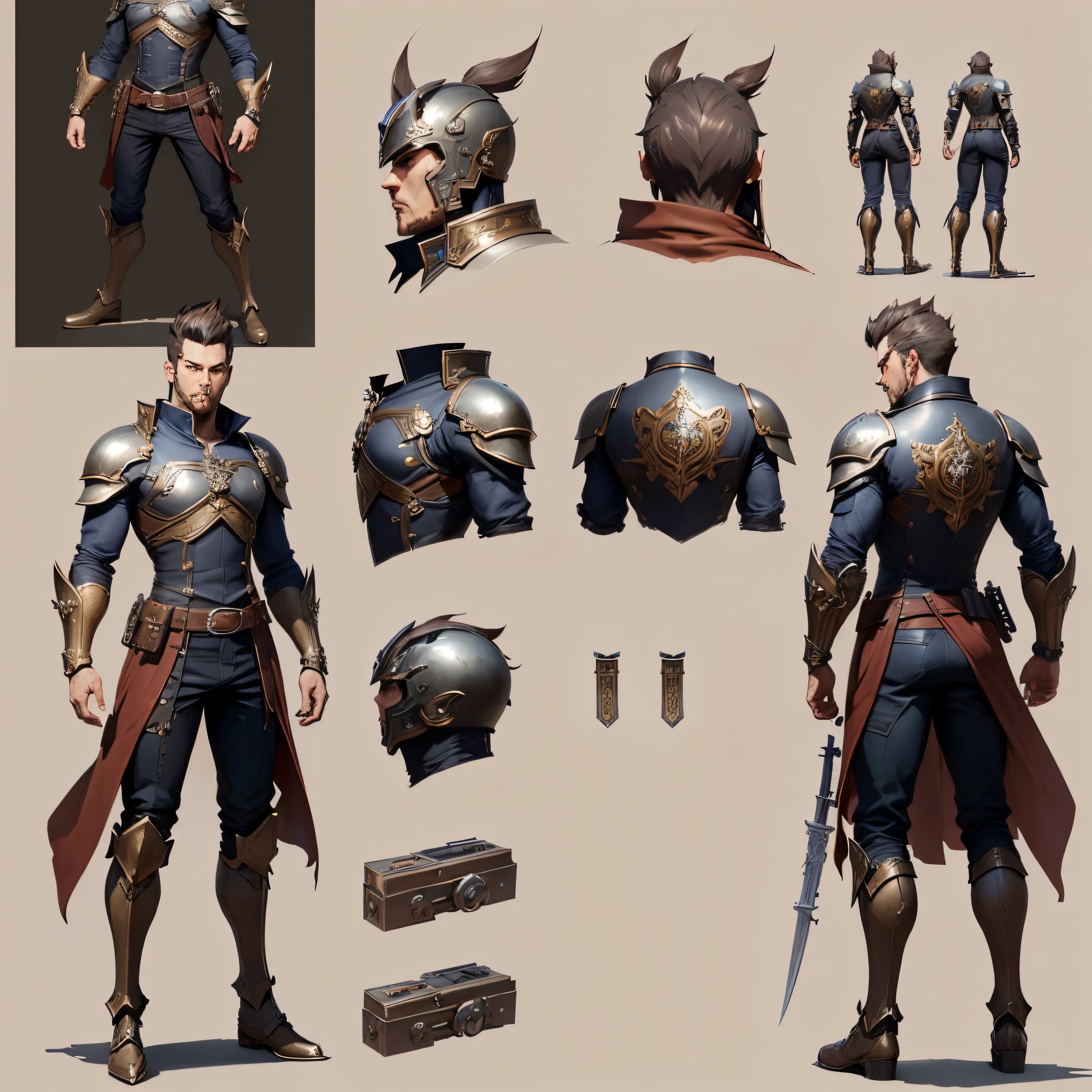 Close-up of a man in armor, ((character concept art)), ((character design sheet, same character, 3/4 angle view front, 3/4 angle view back)) maple story character art, video game character design, video game character design, maple story gun male, expert high detail concept art, metal bullet concept art, funny character design, gravity rush inspiration, sticky tar. Concept art, belt buckle at waist, steampunk weapon,