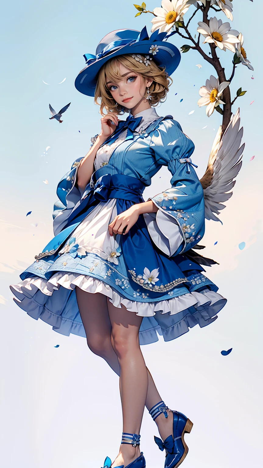 uekura, One girl, Blonde, White Background, Have, dress, Blue footwear, wing, Simple Background, sign, flower, Manicure, Wide sleeves, Long sleeve, blush, animal, white flower, alone, whole body, bird, View your viewers, High heels, Put your hand on your cheek, put your hand on your face, Frills, bow, bangs, ribbon, Bell, Blue hat, +_+, shoes下, short hair, Grey Eyes, shoes, Blue Claws, feathered wing, blue bow