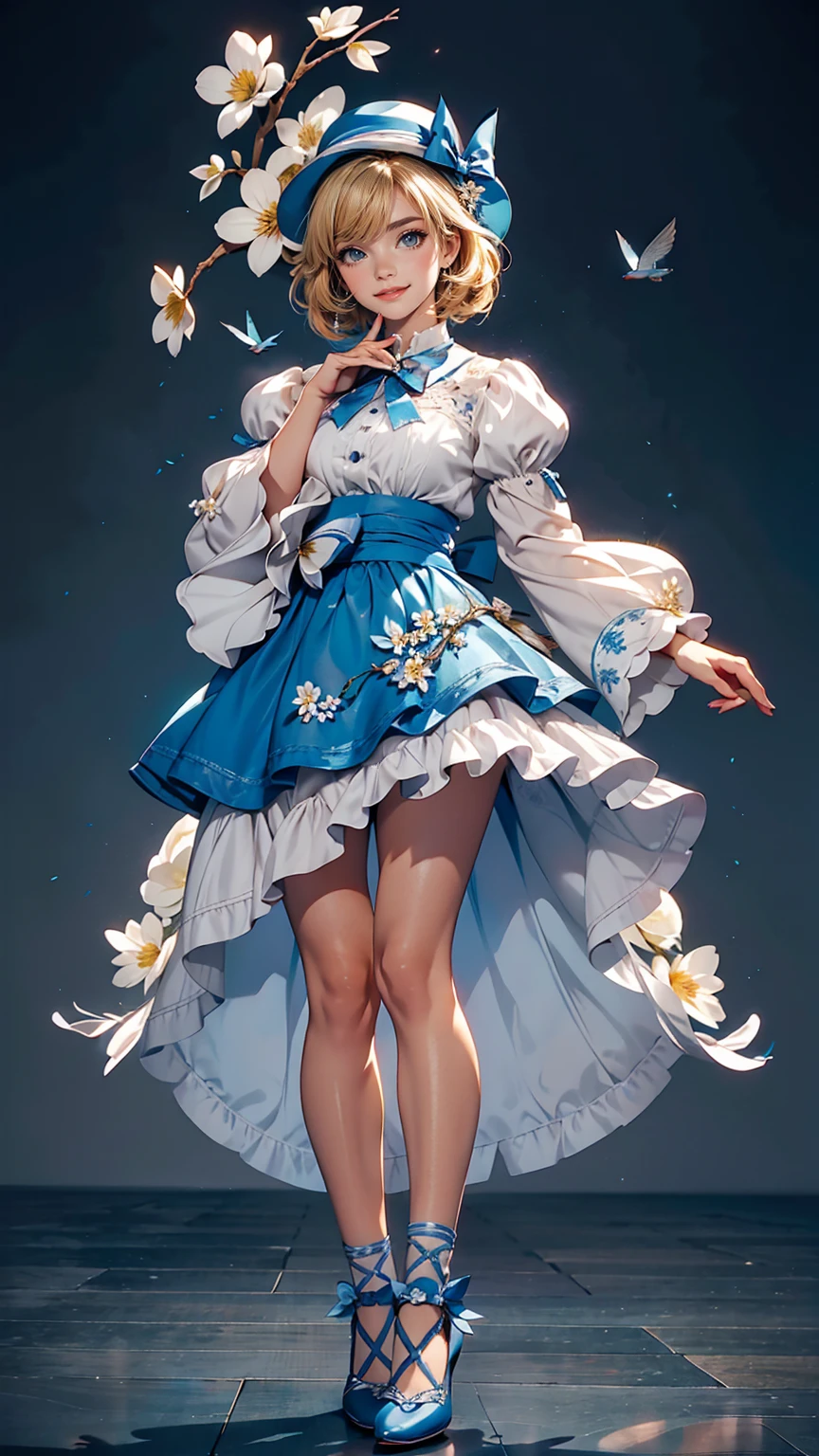 uekura, One girl, Blonde, White Background, Have, dress, Blue footwear, wing, Simple Background, sign, flower, Manicure, Wide sleeves, Long sleeve, blush, animal, white flower, alone, whole body, bird, View your viewers, High heels, Put your hand on your cheek, put your hand on your face, Frills, bow, bangs, ribbon, Bell, Blue hat, +_+, shoes下, short hair, Grey Eyes, shoes, Blue Claws, feathered wing, blue bow