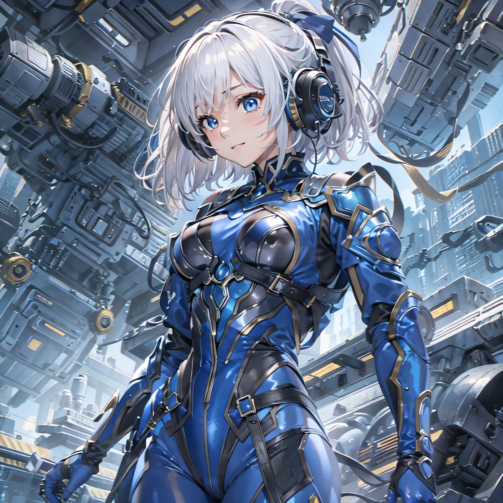 (masterpiece、highest quality、Highest Resolution、Clear_image、Detailed details、Angle from above): (Whole body、One 20 year old girl、Japanese Faces、Small Face、Slender、Navy blue super short bob cut hair、(Hidden small breasts:1.3)、Sparkling blue eyes、Shiny pilot suit in blue and black colors、Chest protection armor、Tight fitting clothes、Clothing that covers the whole body、Glamorous clothes、Tight Fit Pants、Hide your skin、Very delicate and beautiful、Detailed Skin、hide thighs、Hide your ass、Cute、A gentle smile、Soft expression、heroine、headset、Knee-high boots、Elbow-length gloves、Eye Level Shot、Face directly、Woman on a spaceship)