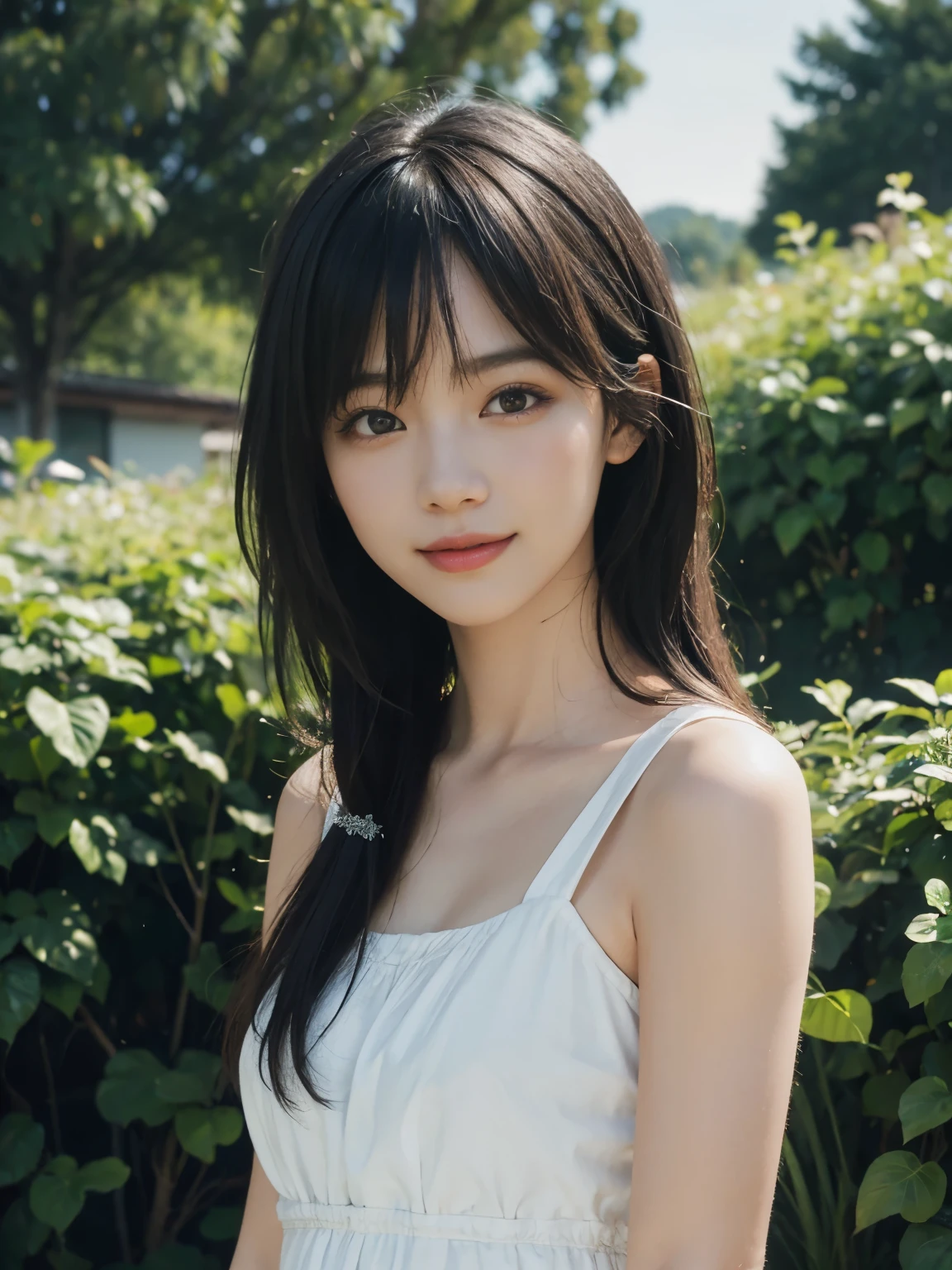 (ultra realistic) , (illustration), (increase resolution), (8K), (extremely detailed), (best illustration), (beautiful detailed eyes), (best quality), (ultra-detailed), (masterpiece), (wallpaper), (detailed face), solo,1 girl, looking at viewers, black straight hair, delicate details, in the dark, deep shadow, low key, pureerosfaceace_v1, happy smile, summer dress, full body, meadow
