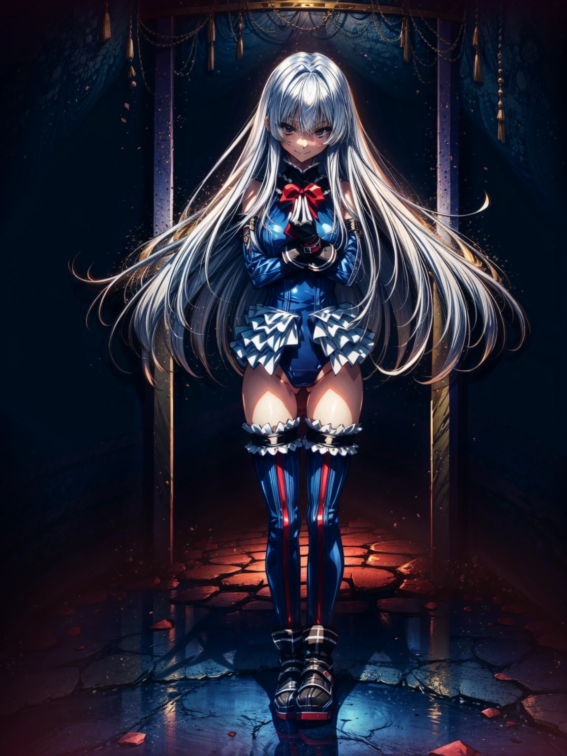 Perfect Anatomy, highest quality, marierose,look at me lovingly,Provocative attitude
,(Dimly lit basement:1.1),Wicked Smile,Anime Style,(Frilled swimsuit, Knee socks, Removed sleeve), (Anime Style:1.4) ,
Silver Hair,(White fingers:1.1,Black gloves),Very long hair,Evil Aura,Rape Eye,Full body view