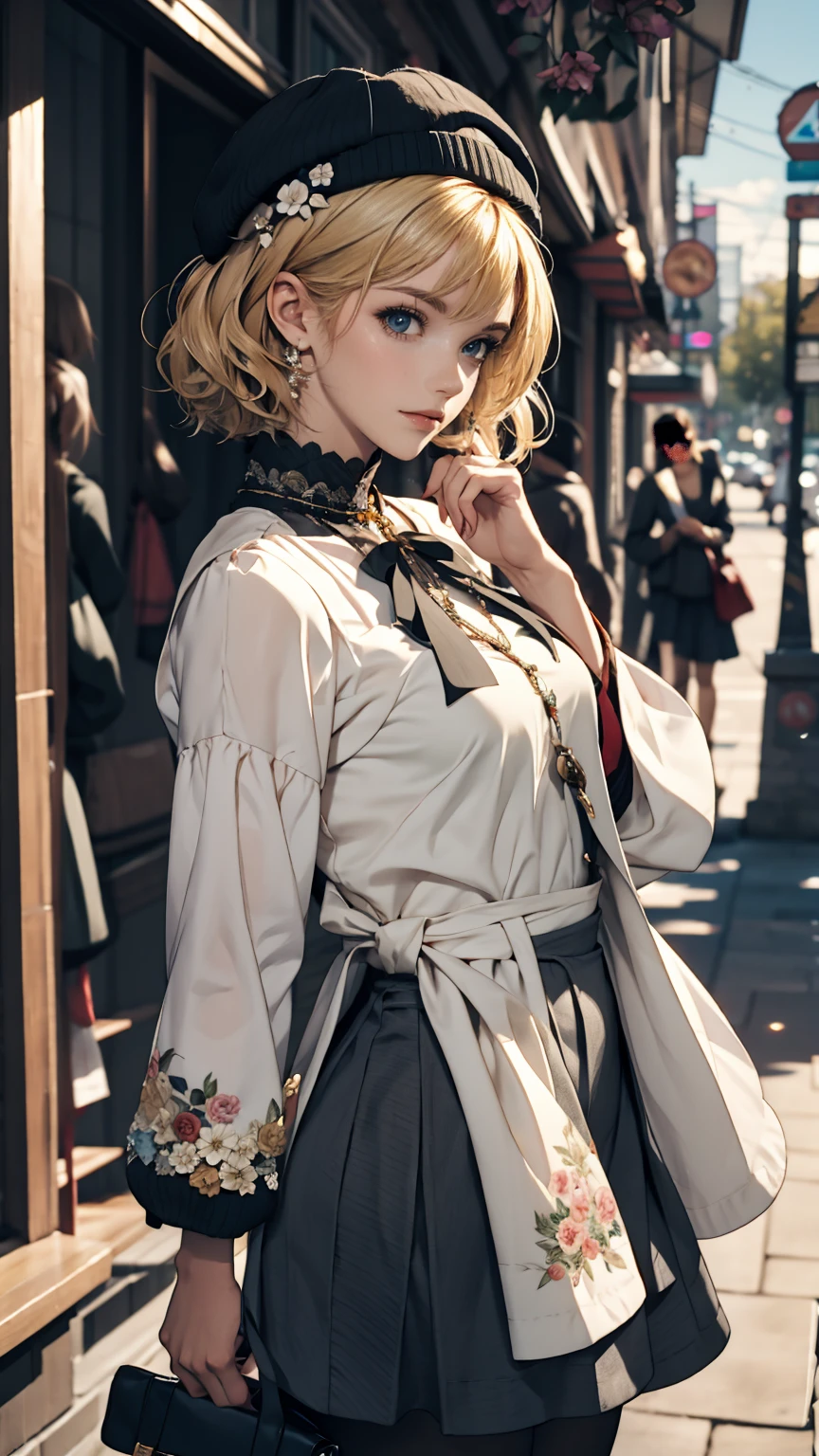 uekura, One girl, Blonde, White Background, Have, dress, Blue footwear, wing, Simple Background, sign, flower, Manicure, Wide sleeves, Long sleeve, blush, animal, white flower, alone, whole body, bird, View your viewers, High heels, Put your hand on your cheek, put your hand on your face, Frills, bow, bangs, ribbon, Bell, Blue hat, +_+, shoes下, short hair, Grey Eyes, shoes, Blue Claws, feathered wing, blue bow