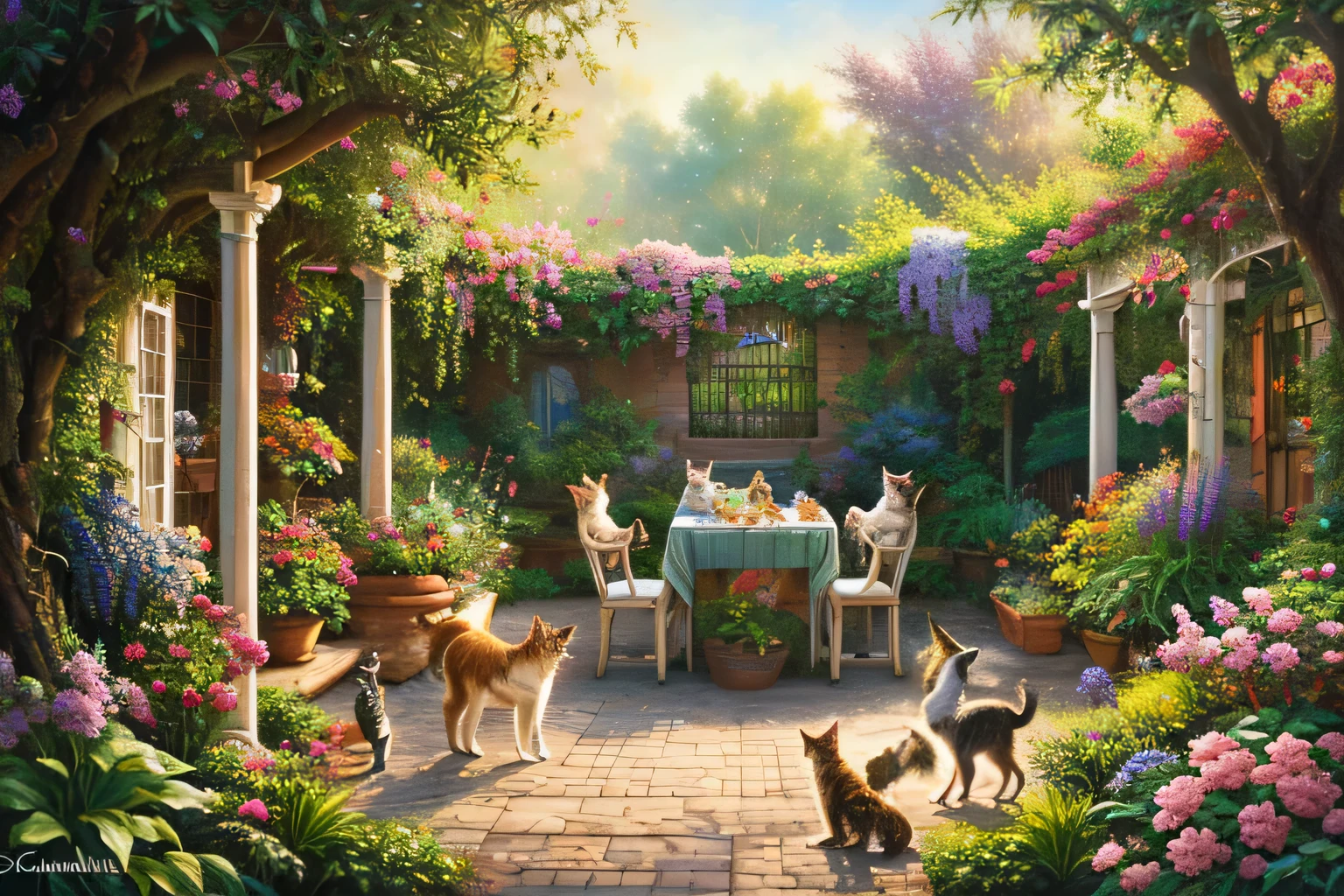 There are many cats sitting on the table in the garden, Afternoon Gathering, Cats and plants, Horticulture, Senior Artist, by Carol Bove, A gathering of cats, Cat masterpiece, Very complicated, by Brian Thomas, Highly detailed oil painting, Indoor Scene, in the garden, Ultra detailed oil painting, Breathtaking art, Thomas Kinkade. Cute cozy room