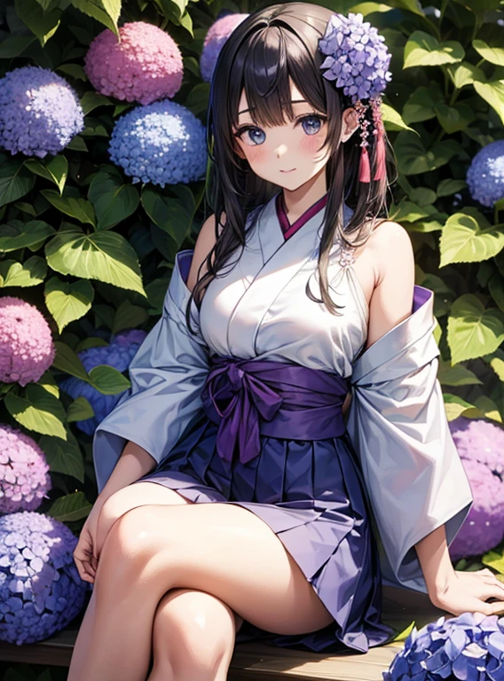 Cute Girls、Japanese、Surrounded by hydrangeas、Sitting with legs crossed、Fashionable hair ornaments、