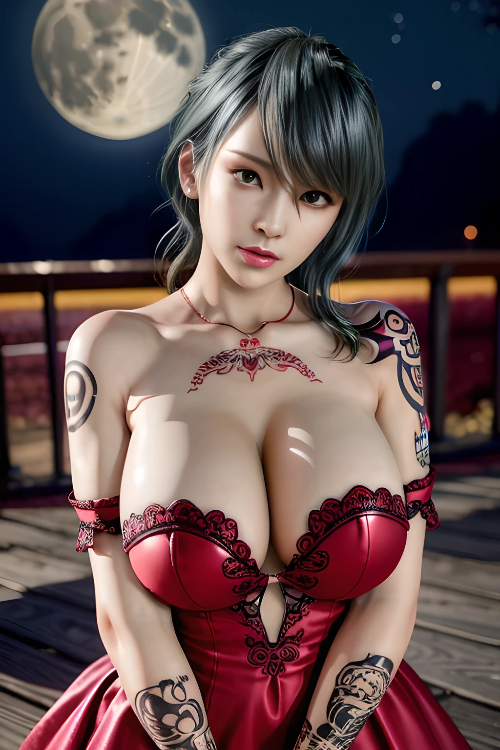 1 girl,lean over WINK, (dark red Wedding Dress,see-through), nighttime,moon,( huge breasts:1.1),cleavage,shiny skin,lip gloss,( tattoos:1.2), masterpiece, best quality, realistic ,Surrealism,Rich artistic colors,natural colors art in 8k,3D,Portrait art,solo, tamaki