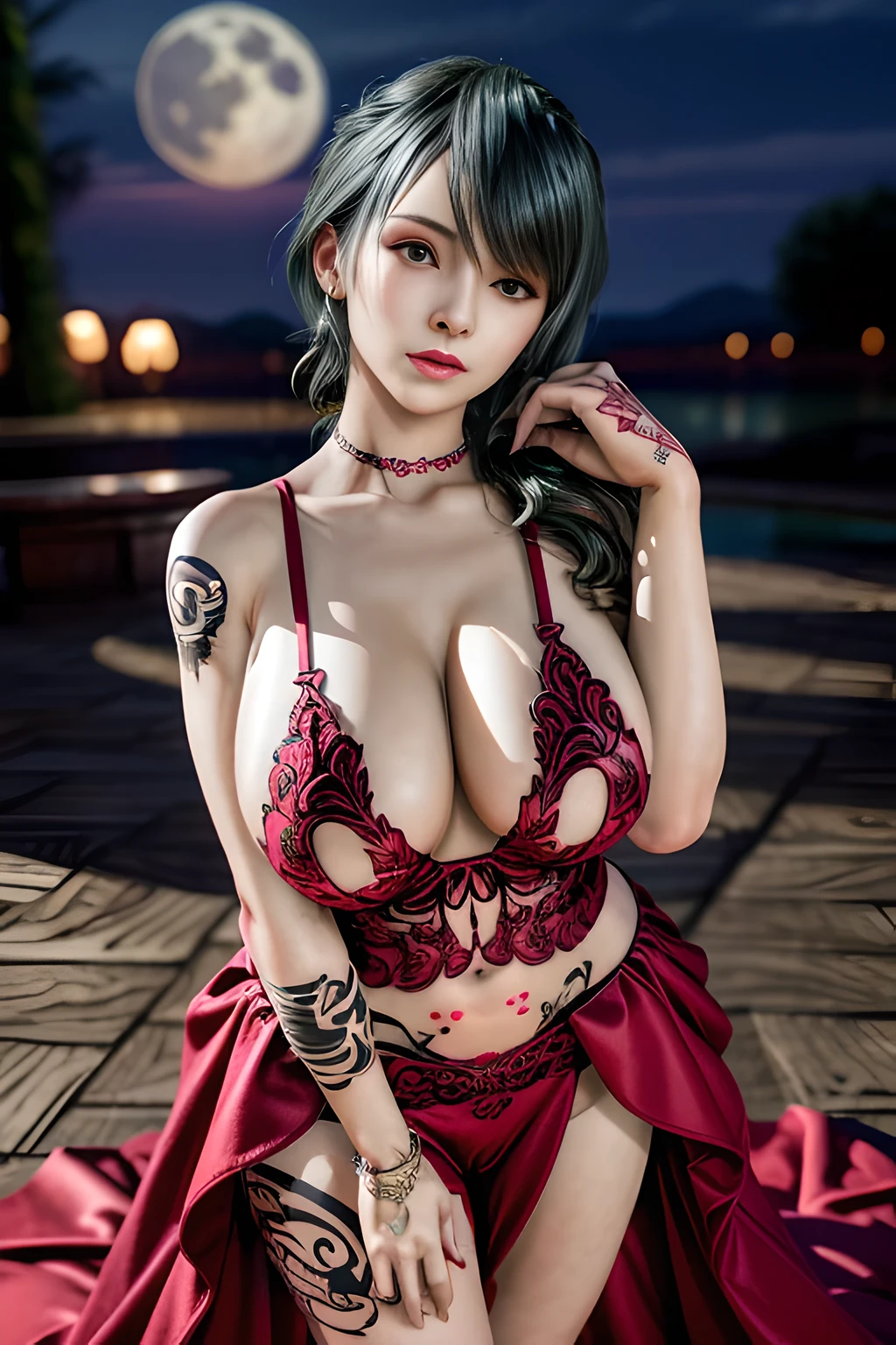 1 girl,lean over WINK, (dark red Wedding Dress,see-through), nighttime,moon,( huge breasts:1.1),cleavage,shiny skin,lip gloss,( tattoos:1.2), masterpiece, best quality, realistic ,Surrealism,Rich artistic colors,natural colors art in 8k,3D,Portrait art,solo, tamaki