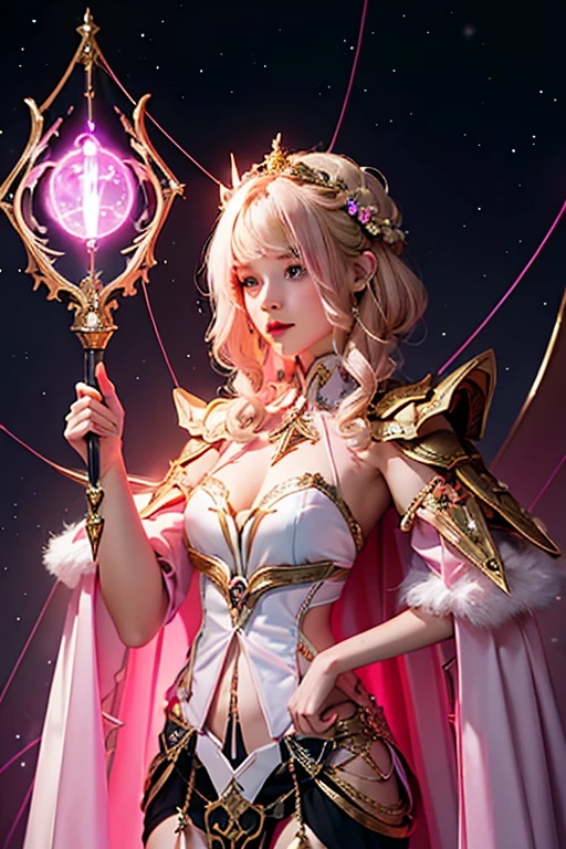 Female short blond tomboy hair dark fantasy girl wearing an intricate elaborate futuristic light pink armor with mini dress with elaborated white ornaments, pink short cape, pink short mini skirt, wearing a large staff, gold magic eclipse, stars, magic conjuring circle behind, ethereal lightning, sharp focus