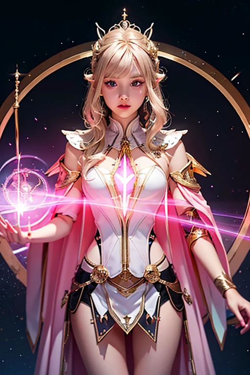 Female short blond tomboy hair dark fantasy girl wearing an intricate elaborate futuristic light pink armor with mini dress with elaborated white ornaments, pink short cape, pink short mini skirt, wearing a large staff, gold magic eclipse, stars, magic conjuring circle behind, ethereal lightning, sharp focus