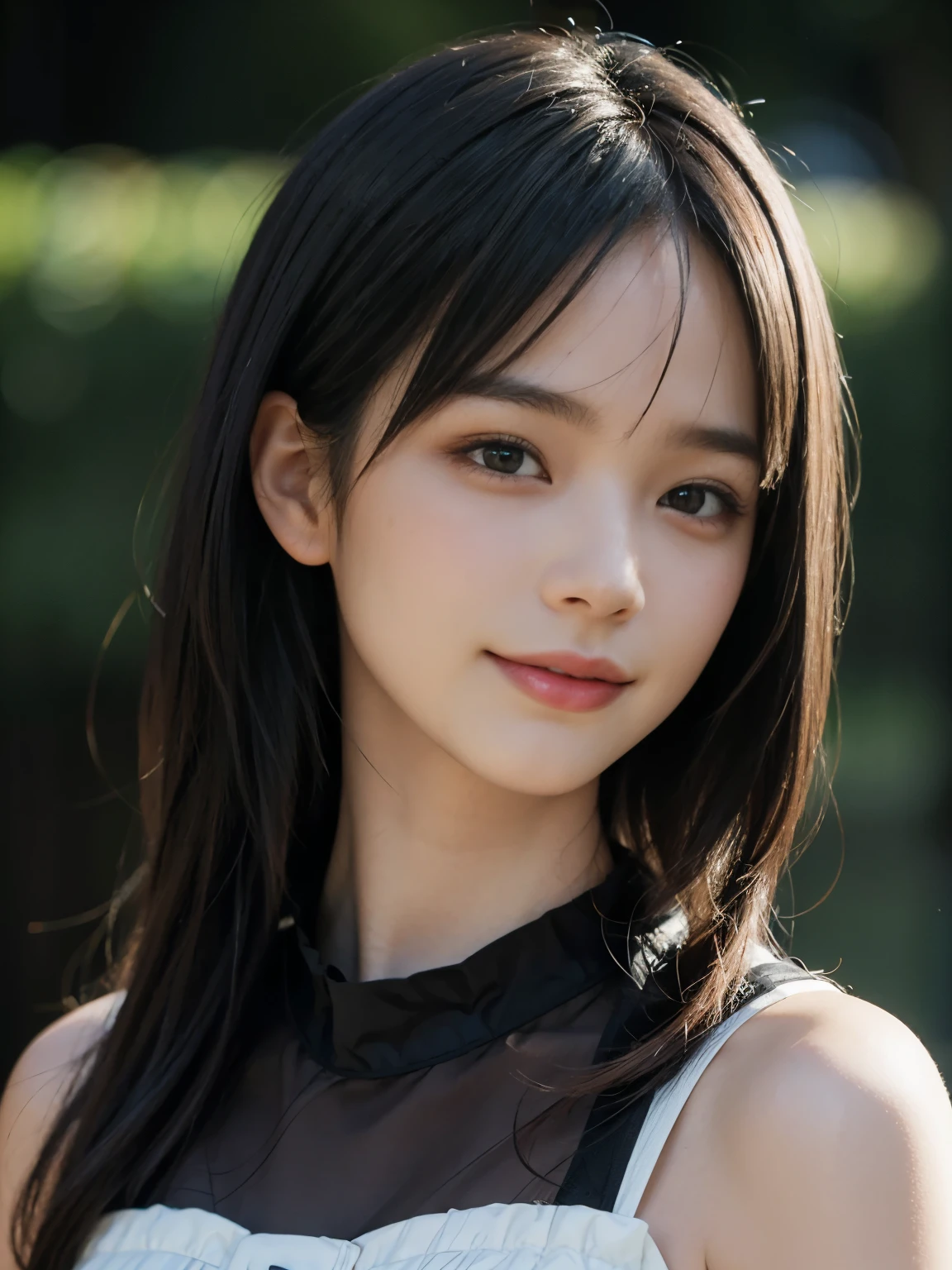 (ultra realistic) , (illustration), (increase resolution), (8K), (extremely detailed), (best illustration), (beautiful detailed eyes), (best quality), (ultra-detailed), (masterpiece), (wallpaper), (detailed face), solo,1 girl, looking at viewers, black straight hair, delicate details, in the dark, deep shadow, low key, pureerosfaceace_v1, happy smile, summer dress, full body, meadow