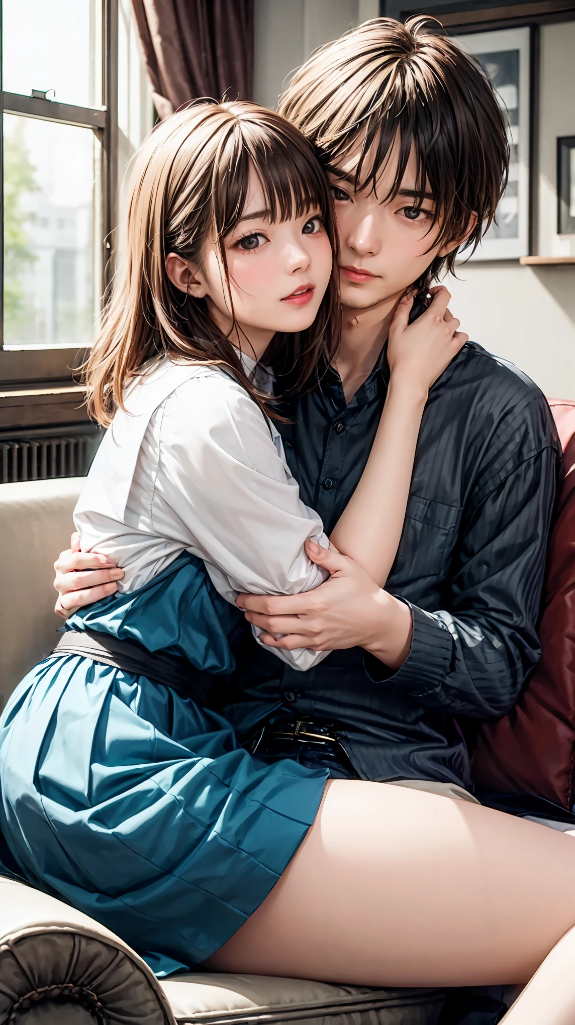 ((masterpiece))、(top-quality)、(detaileds)、(1girl in)、SFW、JAV Cover、Cute schoolgirl sitting on sofa with giant teddy bear, japanese girl school uniform, School Girl, wearing japanese school uniform, Japan school uniform, holding a teddy bear