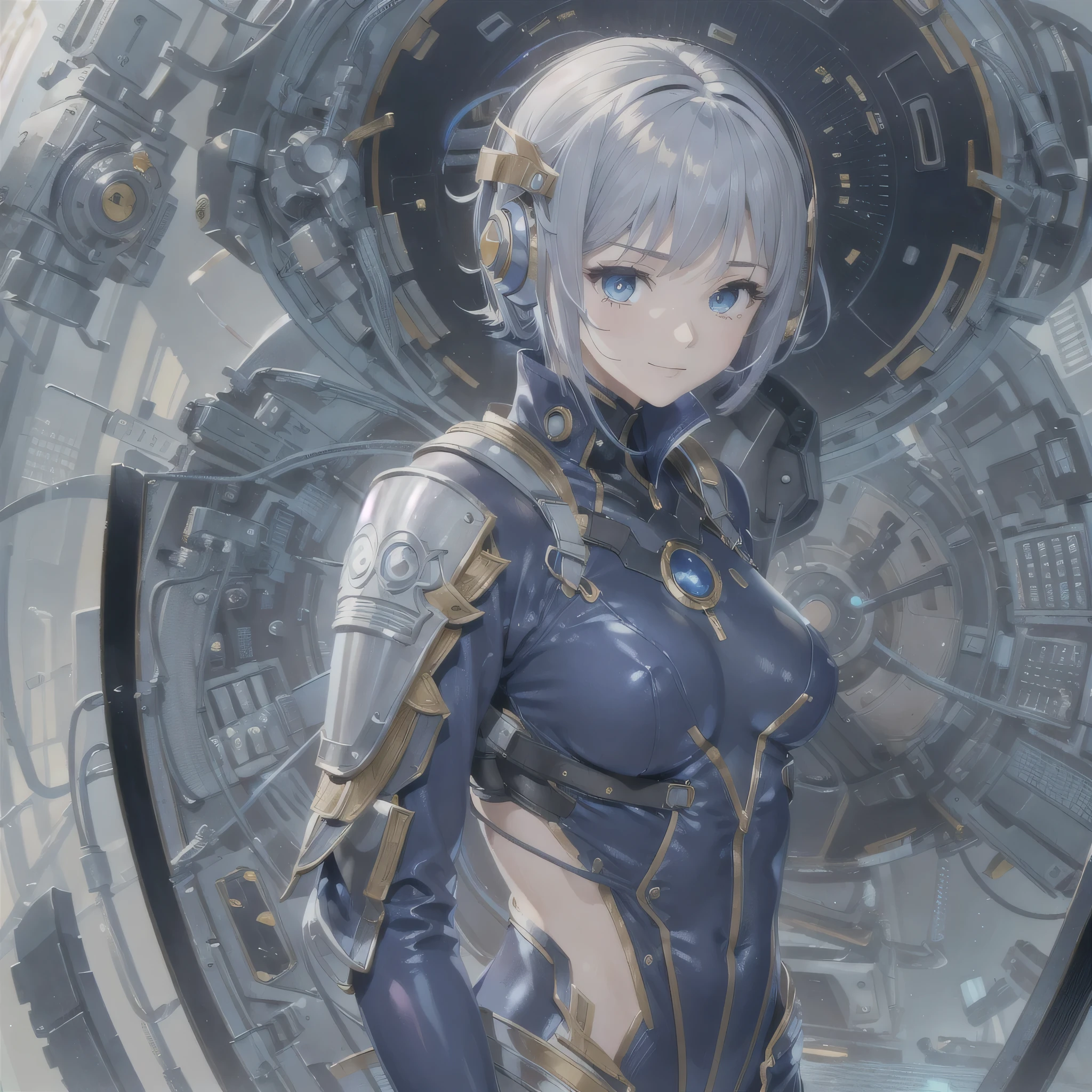 (masterpiece、highest quality、Highest Resolution、Clear_image、Detailed details、Angle from above): (Whole body、One 20 year old girl、Japanese Faces、Small Face、Slender、Navy blue super short bob cut hair、(Hidden small breasts:1.3)、Sparkling blue eyes、Shiny pilot suit in blue and black colors、Chest protection armor、Tight fitting clothes、Clothing that covers the whole body、Glamorous clothes、Tight Fit Pants、Hide your skin、Very delicate and beautiful、Detailed Skin、hide thighs、Hide your ass、Cute、A gentle smile、Soft expression、heroine、headset、Knee-high boots、Elbow-length gloves、Eye Level Shot、Face directly、Woman on a spaceship)