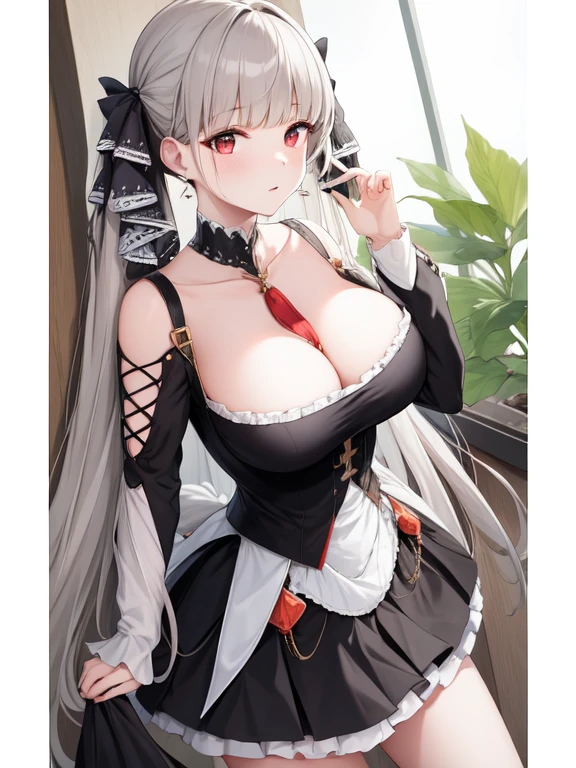 (masterpiece, Best quality1.2),illustration,8k,HD,1 Girl,Solitary,Raise your hands,(portrait:1.2),long_hair,Large target_breast,Red_Eye,Very_long_hair,Bangs,Double tail,ribbon,grey_hair,cleveage,hair_ribbon,Two-color_ribbon,between_breast,Black_skirt,skirt,decorate,only_Shoulder,Frilly_skirt,long_sleeve,Two-color_skirt,jewelry,earrings,