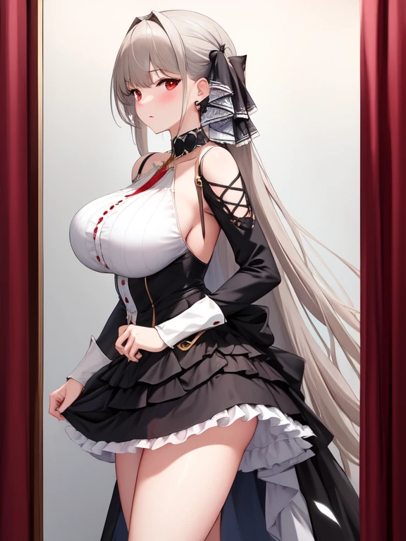 (masterpiece, Best quality1.2),illustration,8k,HD,1 Girl,Solitary,Raise your hands,(portrait:1.2),long_hair,Large target_breast,Red_Eye,Very_long_hair,Bangs,Double tail,ribbon,grey_hair,cleveage,hair_ribbon,Two-color_ribbon,between_breast,Black_skirt,skirt,decorate,only_Shoulder,Frilly_skirt,long_sleeve,Two-color_skirt,jewelry,earrings,