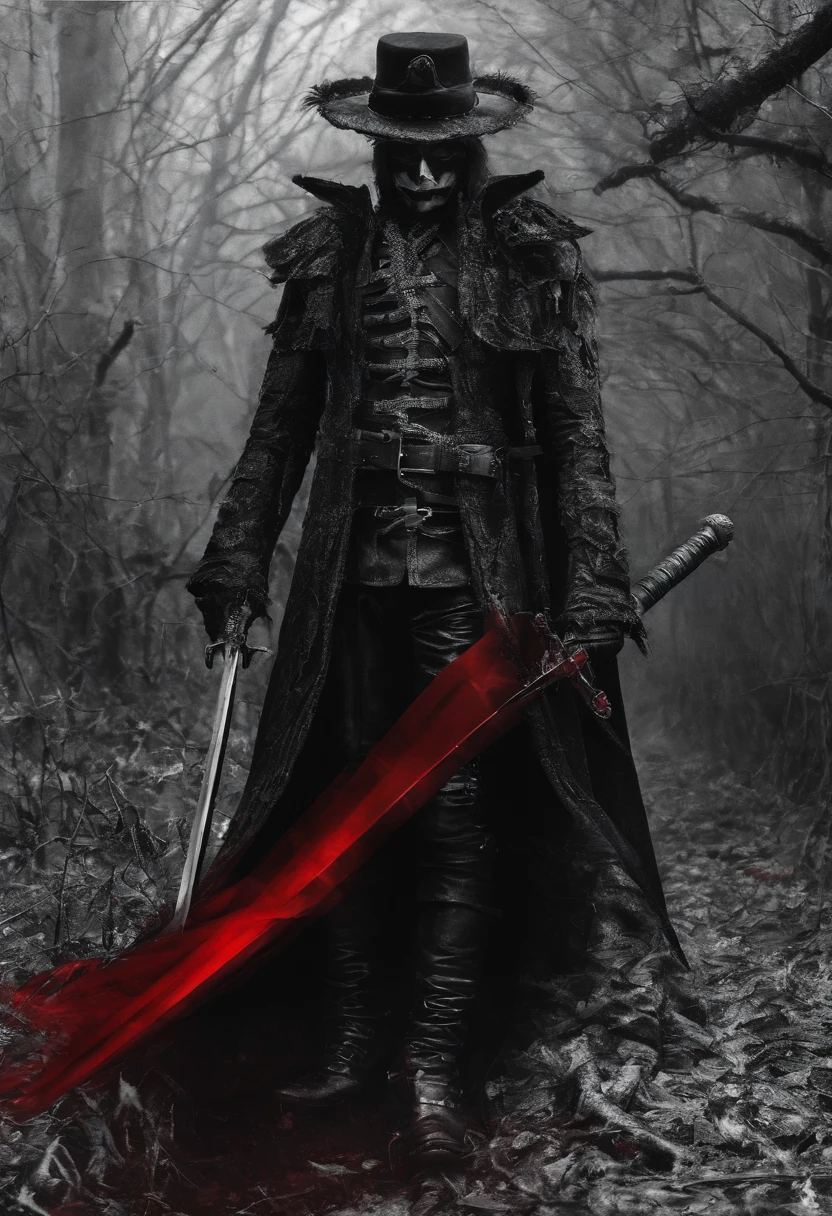 Dark army with red sword,Captain's hat with feather,Red Cape,