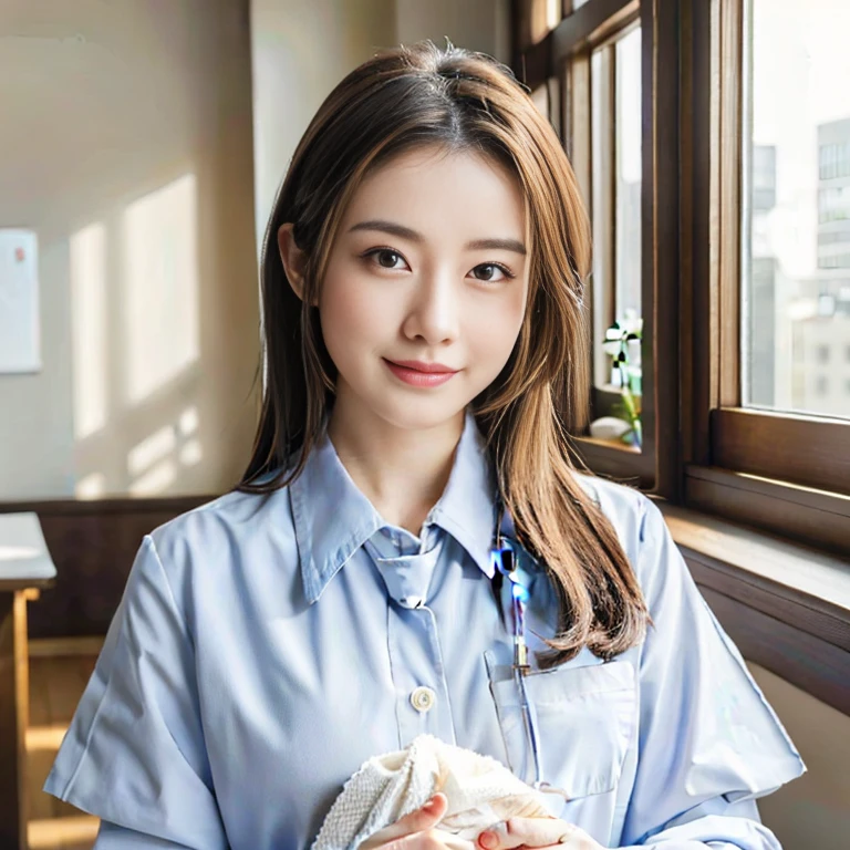 (best quality,4k,8k,highres,masterpiece:1.2),ultra-detailed,(realistic,photorealistic,photo-realistic:1.37),beautiful Japanese nurse,cute,her eyes are incredibly detailed and beautiful,soft features,pale skin,long,flowing black hair,(ties up hair),delicate hands,gentle smile,white nurse uniform,red cross symbol,relaxed expression,caring eyes,small nose,warmth,compassion,rosy cheeks,attending tasks with precision and compassion,hospital corridors,calm and serene atmosphere,professional demeanor,medicinal supplies,neatly arranged,comfortable and clean setting,sunlight streaming through windows,welcoming ambiance,subtle and warm lighting,soft color palette rich cultural heritage,comfort and solace to patients and their families