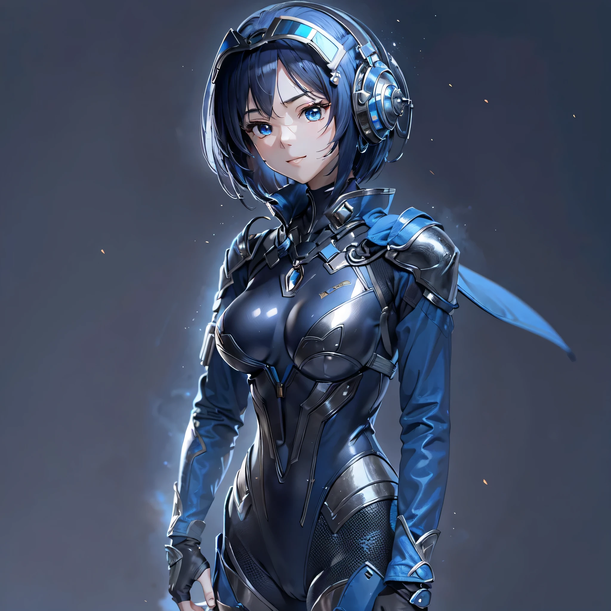(masterpiece、highest quality、Highest Resolution、Clear_image、Detailed details、Angle from above): (Whole body、One 20 year old girl、Japanese Faces、Small Face、Slender、Navy blue super short bob cut hair、(Hidden small breasts:1.3)、Sparkling blue eyes、Shiny pilot suit in blue and black colors、Chest protection armor、Tight fitting clothes、Clothing that covers the whole body、Glamorous clothes、Tight Fit Pants、Hide your skin、Very delicate and beautiful、Detailed Skin、hide thighs、Hide your ass、Cute、A gentle smile、Soft expression、heroine、headset、Knee-high boots、Elbow-length gloves、Eye Level Shot、Face directly、Woman on a spaceship)