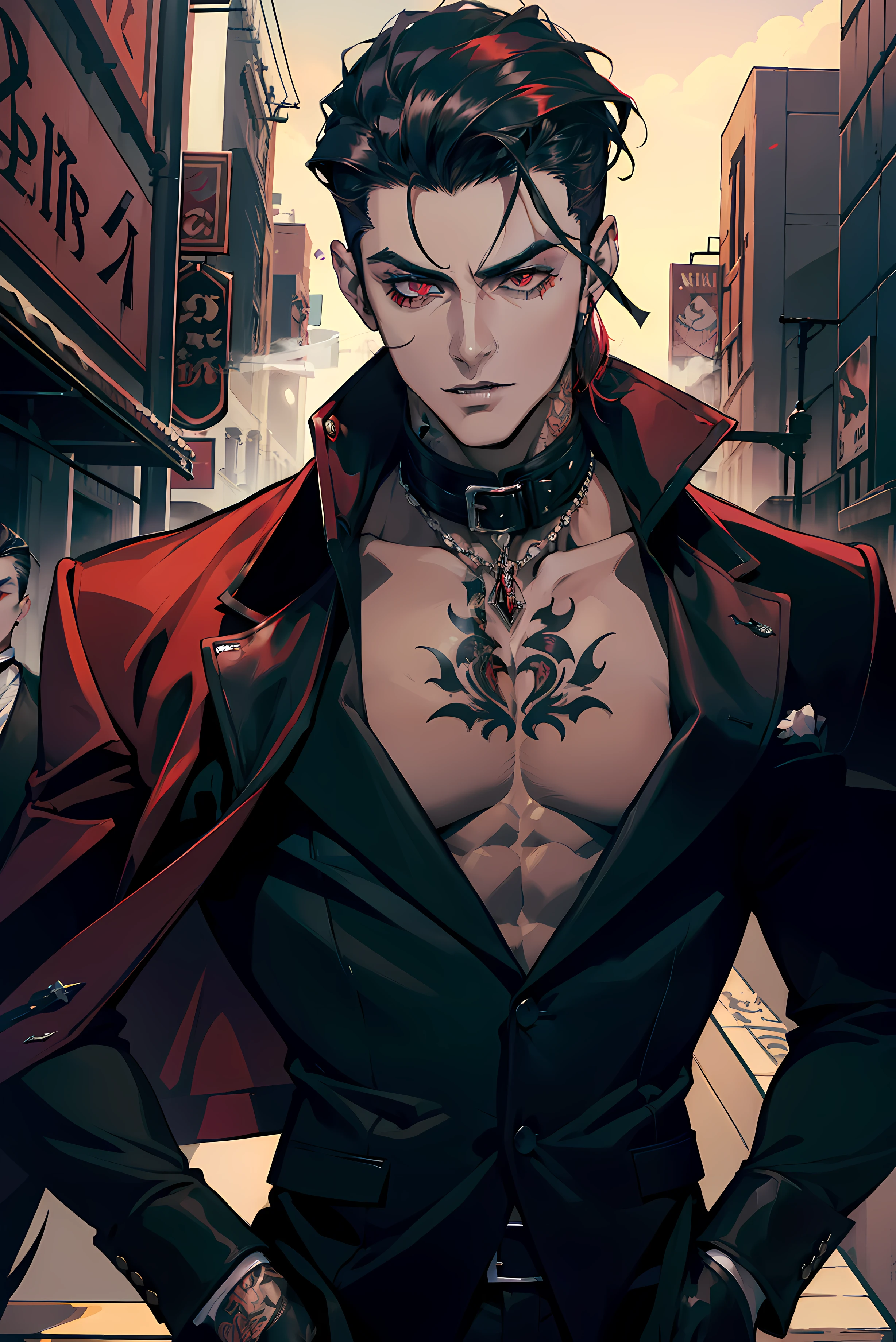 Male Mafia Noir Gambling Vampire dominant alpha gay couple macho sexy handsome demon old men with tattoos big chest big abs slicked back hairstyle smoking red eyes charisma unbutton outfit with abs goth perfect face structure detailed stylized black leather coat