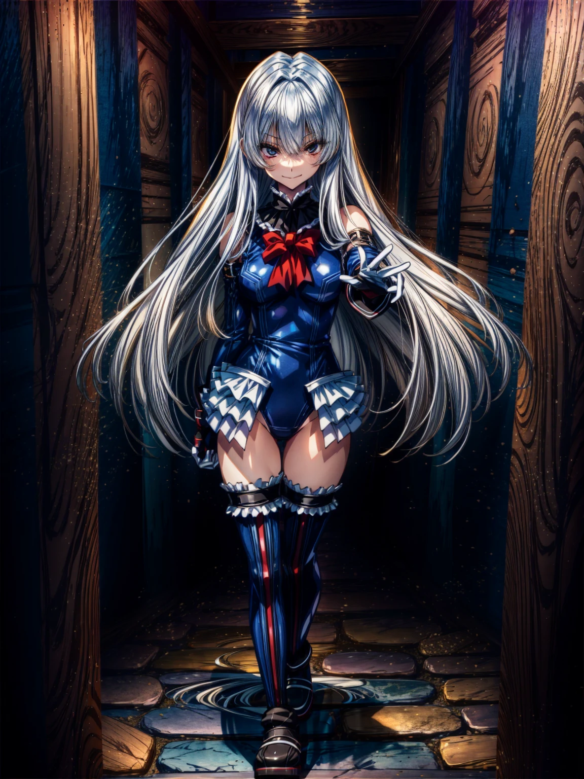 Perfect ???????, highest quality, marierose,look at me lovingly,Swear allegiance
,(Dimly lit basement:1.1),Wicked Smile,Anime Style,(Frilled swimsuit, Knee socks, Removed sleeve), (Anime Style:1.4) ,
Silver Hair,(White fingers:1.1,Black gloves),Very long hair,Evil Aura,Rape Eye,Full body view