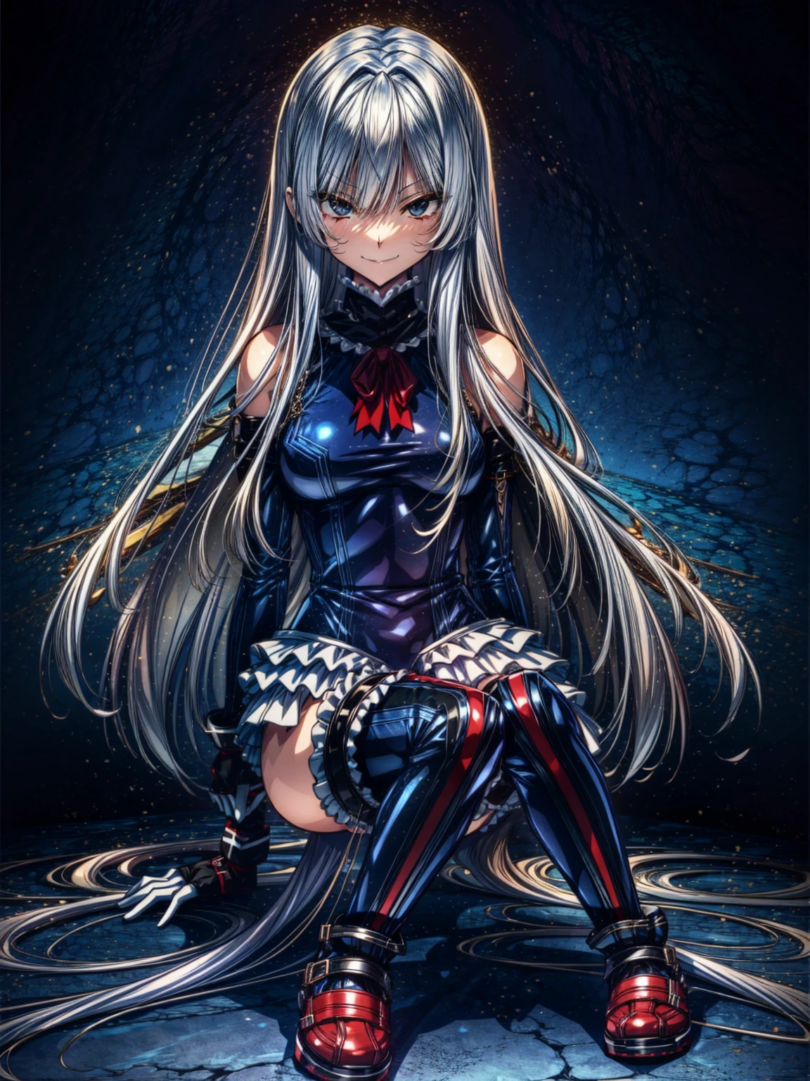 Perfect Anatomy, highest quality, marirose,look at me affectionately,Provocative attitude
,Wicked Smile,Anime Style,(Ruffled swimsuit, Knee socks, Removed sleeve), (Anime Style:1.4) ,
Silver Hair,(White fingers:1.1,Black gloves),Very long hair,Evil Aura,Rape Eye,Full Body View,sitting, crossing legs,, symmetrical, looking down, from bottom, looking at viewer, 