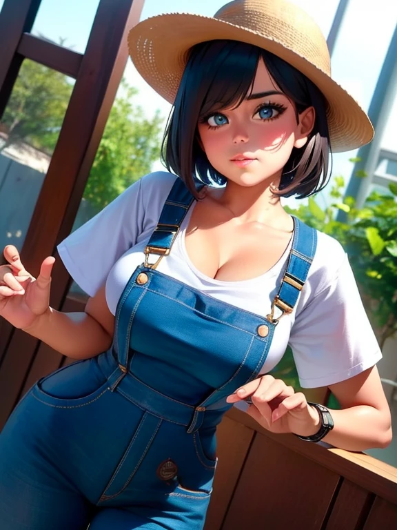 arafed woman in a denim jumpsuit leaning against a column, wearing overalls, wearing blue jean overalls, blue overalls, overalls, torn overalls, mary elizabeth winstead, wearing dirty overalls, julia sarda, artist wearing overalls, artist wearing torn overalls, wearing a straw hat and overalls, ashley greene, double denim, topless