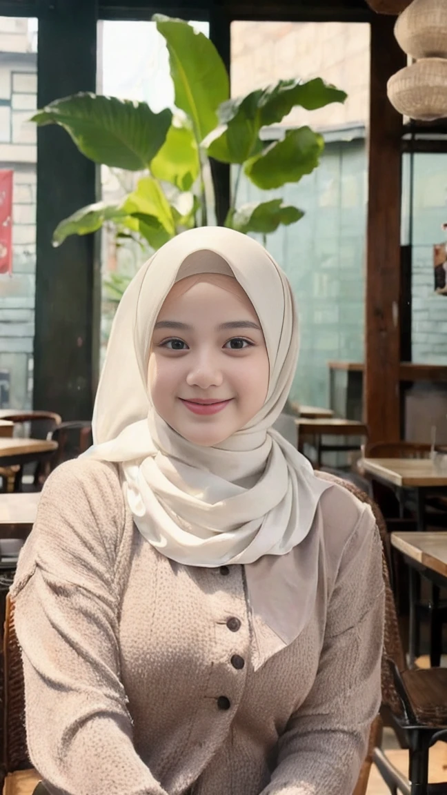 Selfie taken, luxury details, 8k, natural, realistic, amazing shots, ULTRA HD,
1 girl, 18 years old, smooth white face, white skin, smailing, neat white teeth, big breasts, wearing a long white hijab covering the body, with decorations on the hijab, Muslim clothes for worship, beautiful face, beautiful black face, cute, curly eyelashes, beautiful eyes , sweet smile, sitting on the cafe chairs, Indonesian Muslim, realistic, atmosphere in the out door, in the cafe,