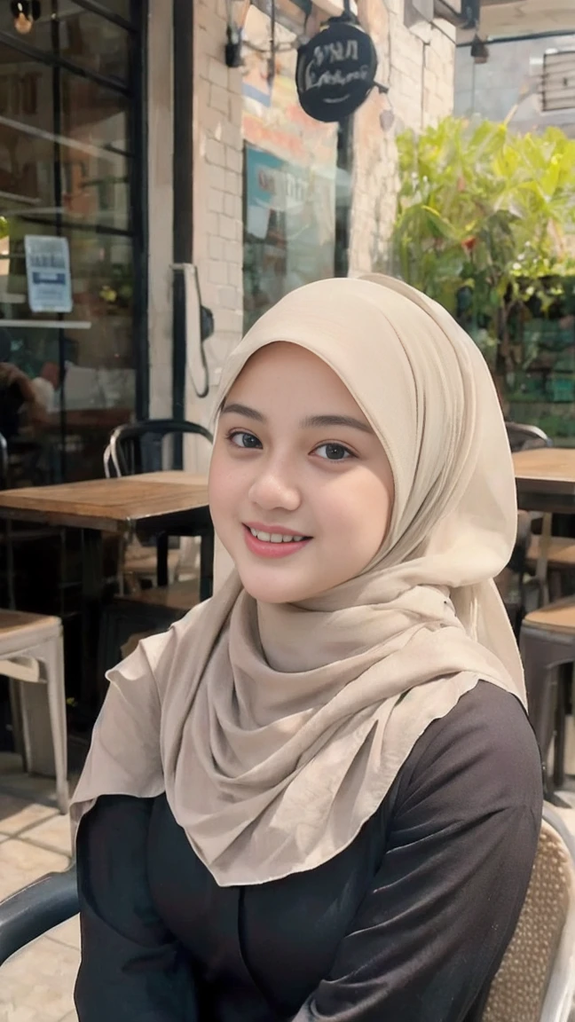 Selfie taken, luxury details, 8k, natural, realistic, amazing shots, ULTRA HD,
1 girl, 18 years old, smooth white face, white skin, smailing,  neat white teeth, big breasts, wearing a long white hijab covering the body, with decorations on the hijab, Muslim clothes for worship, beautiful face, beautiful black face, cute, curly eyelashes, beautiful eyes , sweet smile, sitting on the cafe chairs, Indonesian Muslim, realistic, atmosphere in the out door, in the cafe,