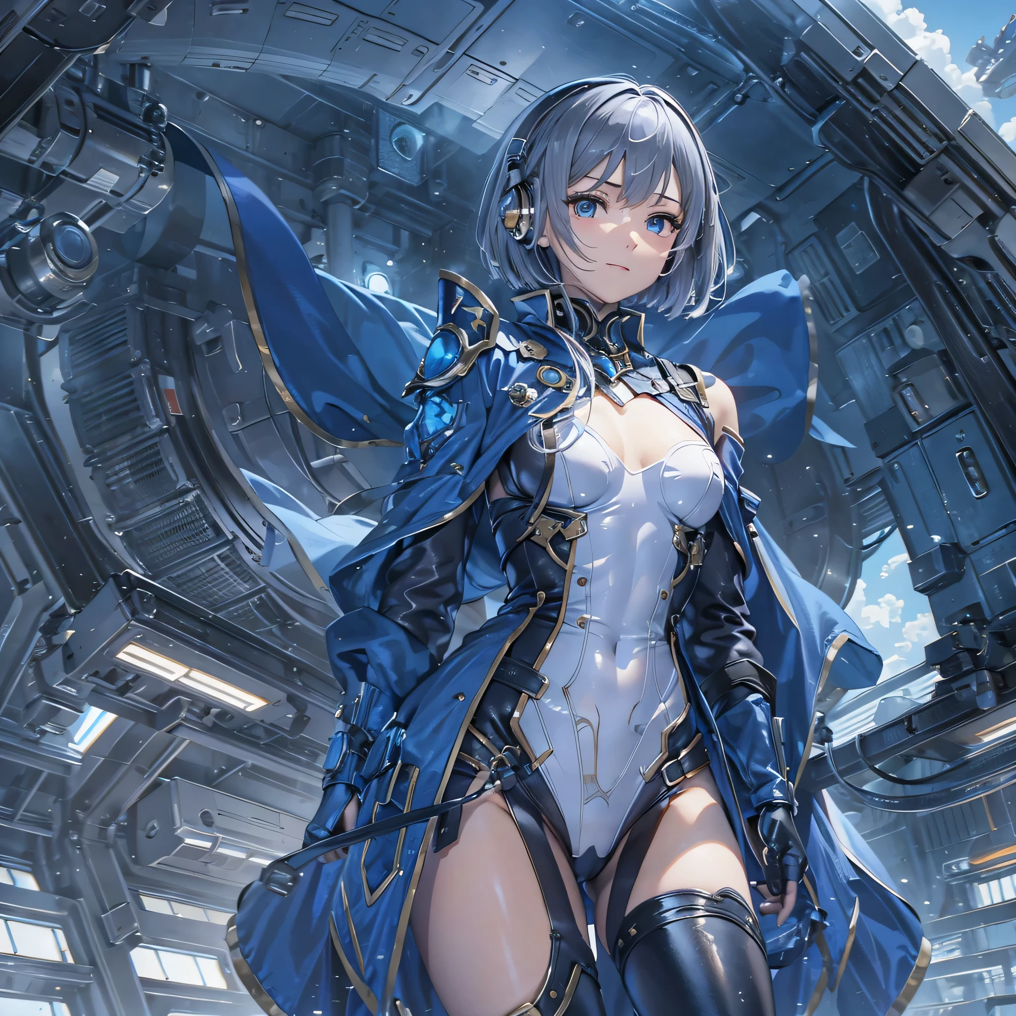 (masterpiece、highest quality、Highest Resolution、Clear_image、Detailed details、Angle from above): (Whole body、One 20 year old girl、Japanese Faces、Small Face、Slender、Navy blue super short bob cut hair、(Hidden small breasts:1.3)、Sparkling blue eyes、Shiny pilot suit in blue and black colors、Chest protection armor、Tight fitting clothes、Clothing that covers the whole body、Glamorous clothes、Tight Fit Pants、Hide your skin、Very delicate and beautiful、Detailed Skin、hide thighs、Hide your ass、Cute、A gentle smile、Soft expression、heroine、headset、Knee-high boots、Elbow-length gloves、Eye Level Shot、Face directly、Woman on a spaceship)