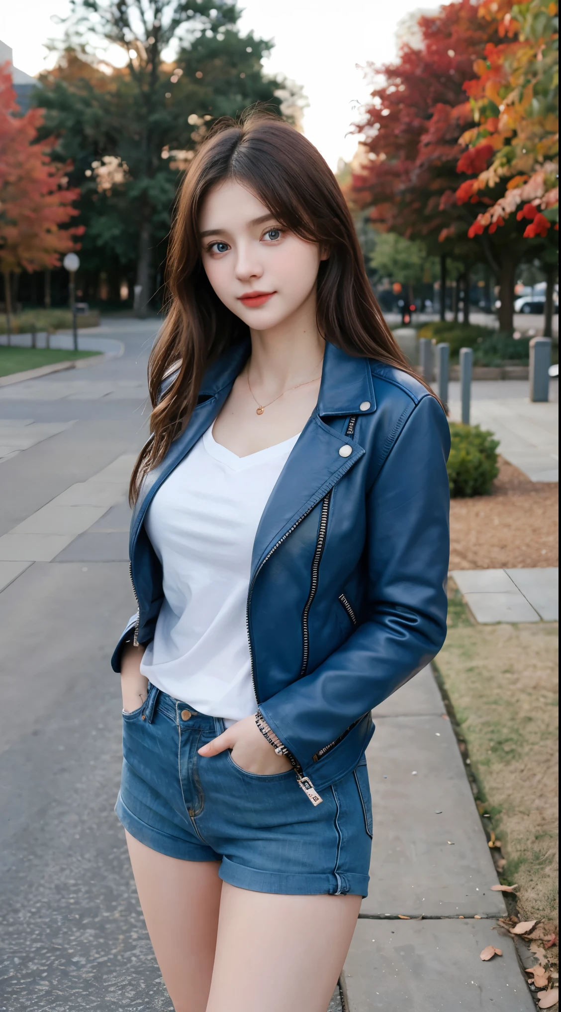 Gorgeus Girl, Beautiful, , 20 Years Old, White Skin, Beside, Sexy Pose, long red t-shirt, Blue Eye, Bokeh, park Background, Masterpiece, asking for a hug, full body Shot, open arms, Leather Jacket Long Sleeve Zipper