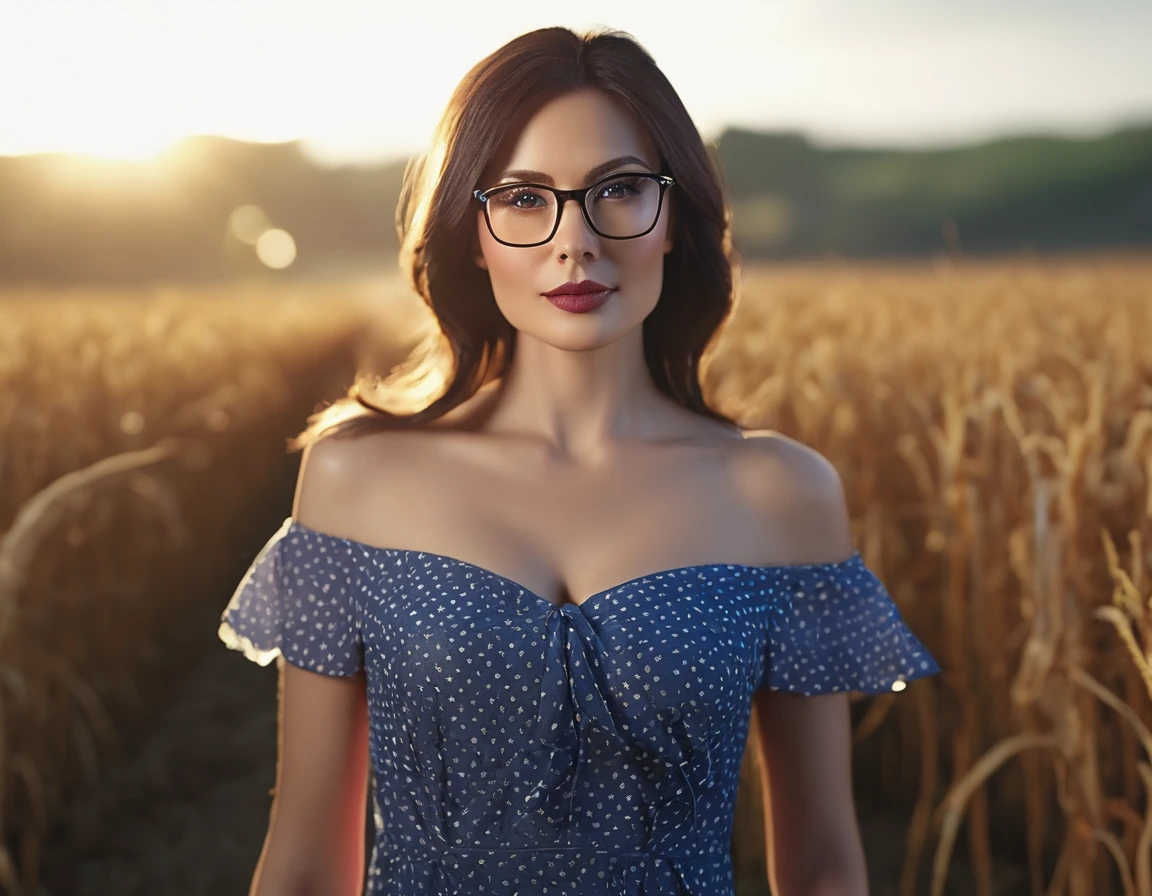 Sun on a farm; volumetric lighting, spectacular, ambient lights, luminous colors, cinematic atmosphere, realism style, intricate details in high capture. ((best quality: 1.4, 8k)), (((ultra-high resolution, physics-based rendering. (((The main scene is wide-angle f/1.2, full-length woman, rough appearance, contemporary style, eyes blue; light brunette, 38 years old, wearing square glasses ))); small, well-focused eyes; thin, detailed eyebrows (dark brown hair half-combed, bangs), very detailed skin texture, slight dimple on the face without makeup, mouth. small with burgundy lipstick 1.4, long dress 1.6 )) ), ((normal body thin abdomen, narrow waist, clear facial features)); (radiant expression: 1.3, looking at the right side of the scene: 1.2), (( (completely semi-dark background)slight cleavage in front: 1.8)), legs in front of each other: 1, 4, ((exposed detail: 1.4, full frontal position of the scene 1.5)), ((Many bright and colorful particles are flying: 1.5, backlit )).