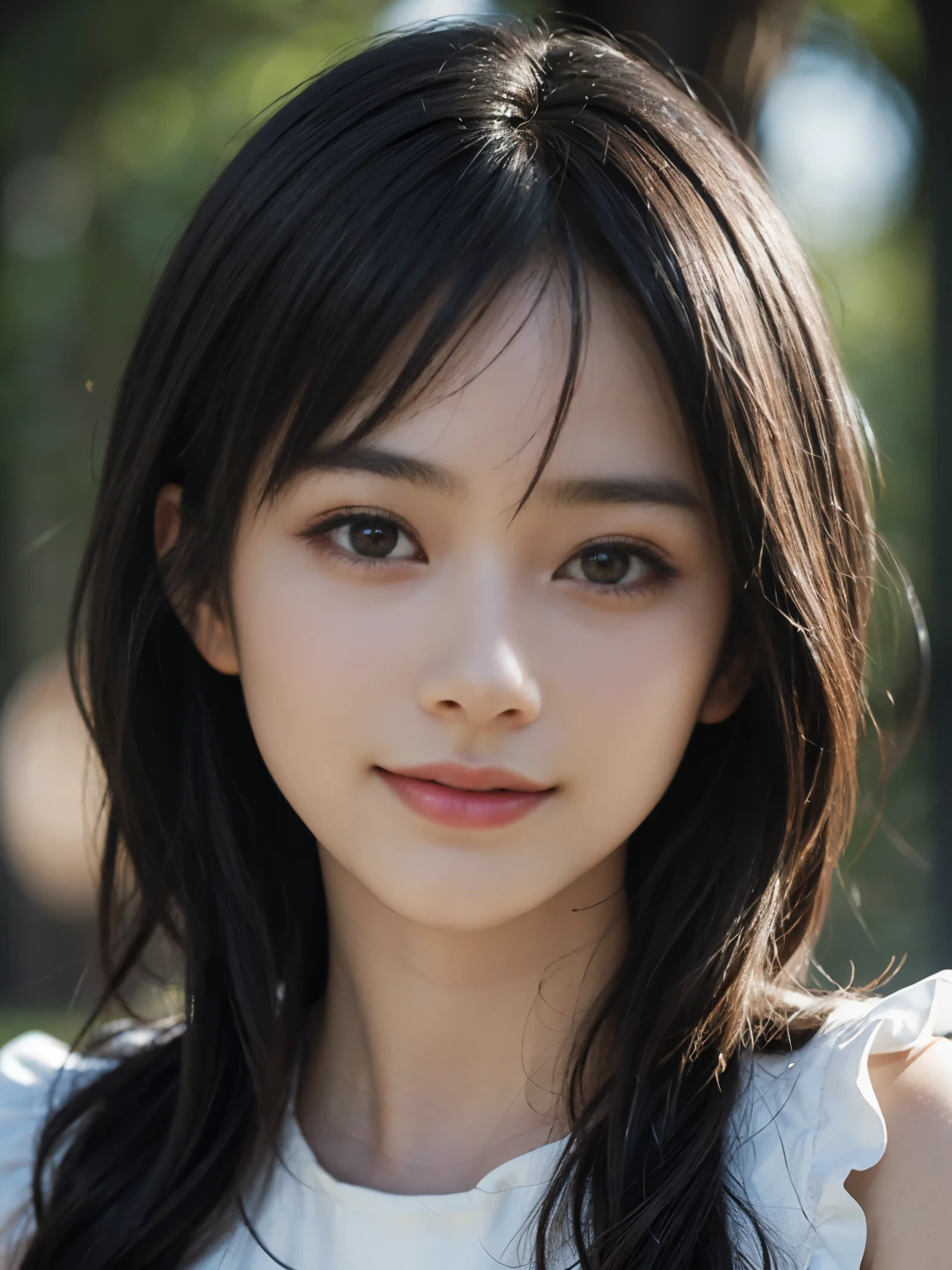 (ultra realistic) , (illustration), (increase resolution), (8K), (extremely detailed), (best illustration), (beautiful detailed eyes), (best quality), (ultra-detailed), (masterpiece), (wallpaper), (detailed face), solo,1 girl, looking at viewers, black straight hair, delicate details, in the dark, deep shadow, low key, pureerosfaceace_v1, happy smile, summer dress, full body, meadow