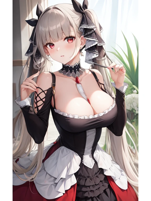 (masterpiece, best quality1.2),illustration,8k,hd,1girls,solo,hands up,(portrait:1.2),long_hair,large_breasts,red_eyes,very_long_hair,bangs,twintails,ribbon,grey_hair,cleavage,hair_ribbon,two-tone_ribbon,between_breasts,black_dress,dress,frills,bare_shoulders,frilled_dress,long_sleeves,two-tone_dress,jewelry,earrings