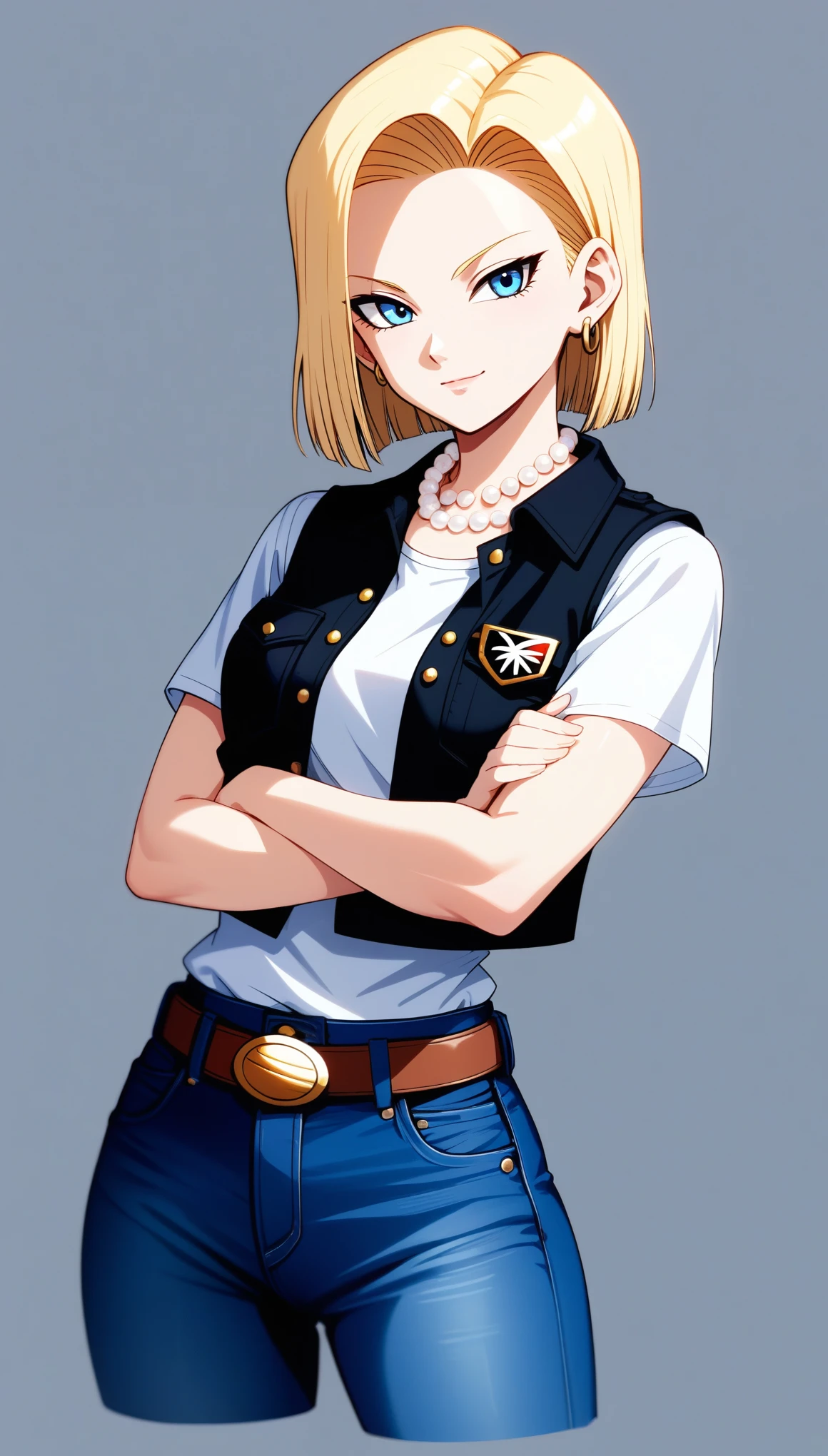 score_9, score_8_up, score_7_up, intricate details,
1girl, android 18, dragon ball, blonde hair, blue eyes, black vest, cropped vest, belt buckle, crossed arm, earrings, jewelry, pearl necklace, short hair, white shirt, short sleeves, shirt tucked in, denim, jeans, light smile, looking at viewer,