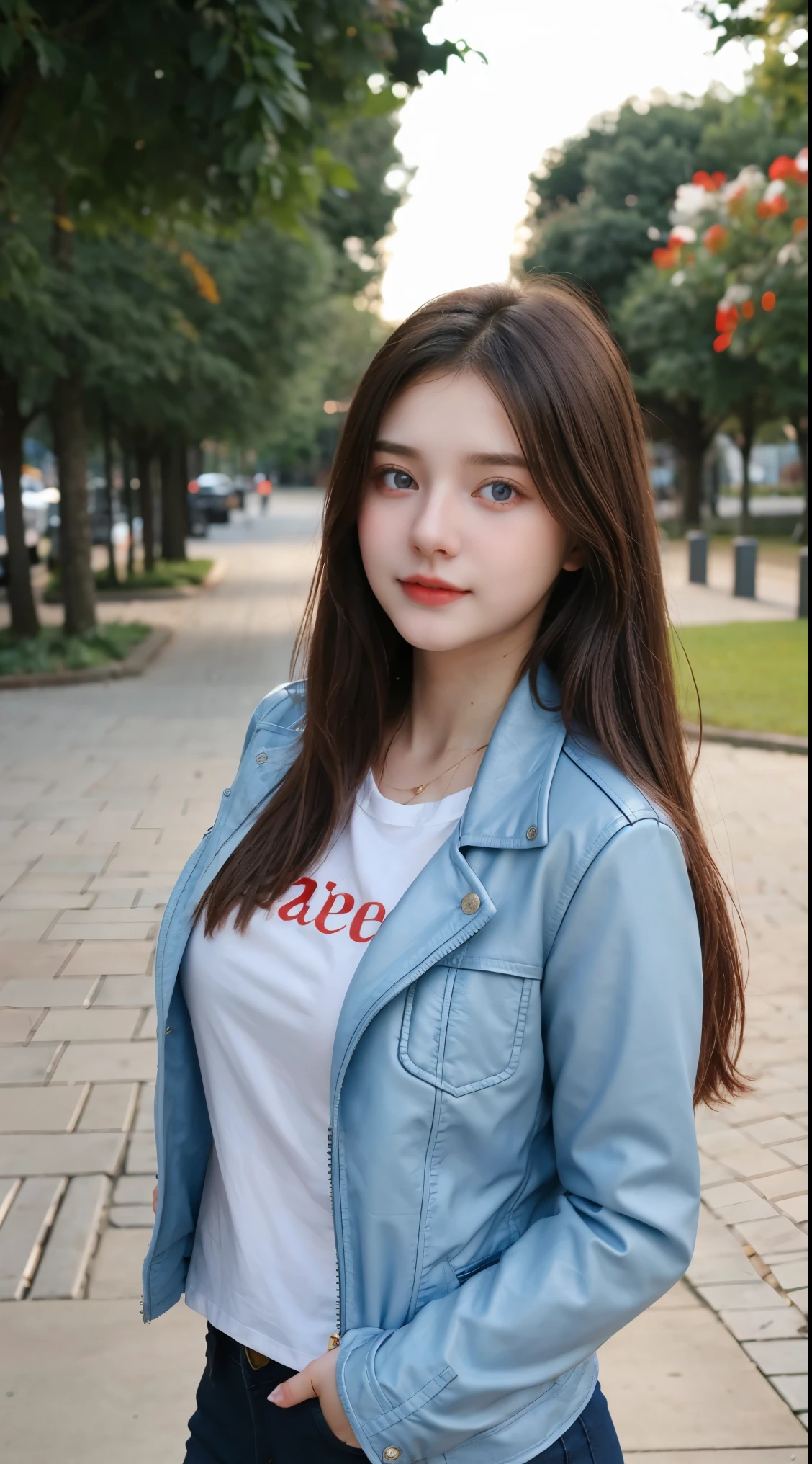 Gorgeus Girl, Beautiful, , 20 Years Old, White Skin, Beside, Sexy Pose, long red t-shirt, Blue Eye, Bokeh, park Background, Masterpiece, asking for a hug, full body Shot, open arms, Leather Jacket Long Sleeve Zipper