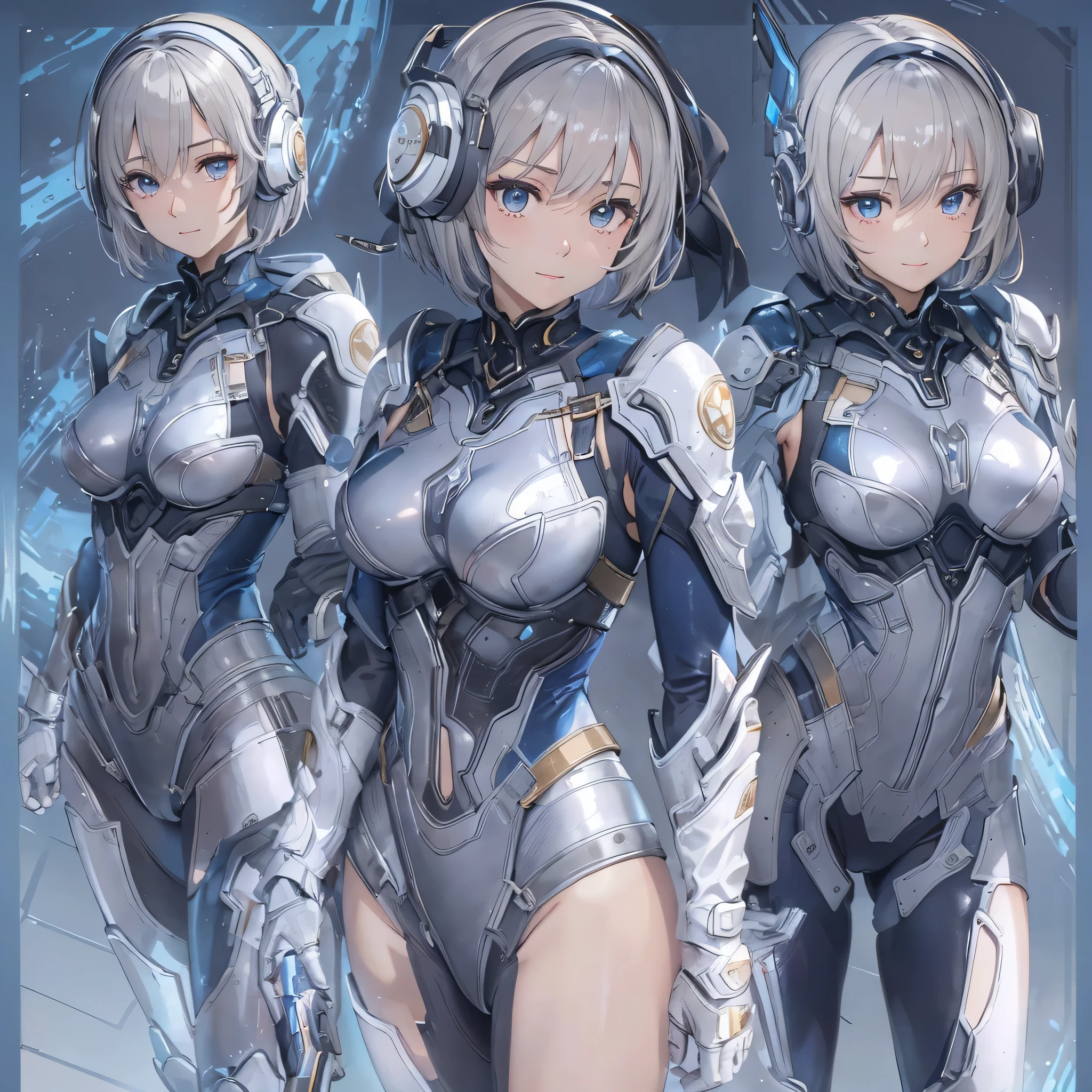 (masterpiece、highest quality、Highest Resolution、Clear_image、Detailed details、Angle from above): (Whole body、One 20 year old girl、Japanese Faces、Small Face、Slender、Navy blue super short bob cut hair、(Hidden small breasts:1.3)、Sparkling blue eyes、Shiny pilot suit in blue and black colors、Chest protection armor、Tight fitting clothes、Clothing that covers the whole body、Glamorous clothes、Tight Fit Pants、Hide your skin、Very delicate and beautiful、Detailed Skin、hide thighs、Hide your ass、Cute、A gentle smile、Soft expression、heroine、headset、Knee-high boots、Elbow-length gloves、Eye Level Shot、Face directly、Woman on a spaceship)