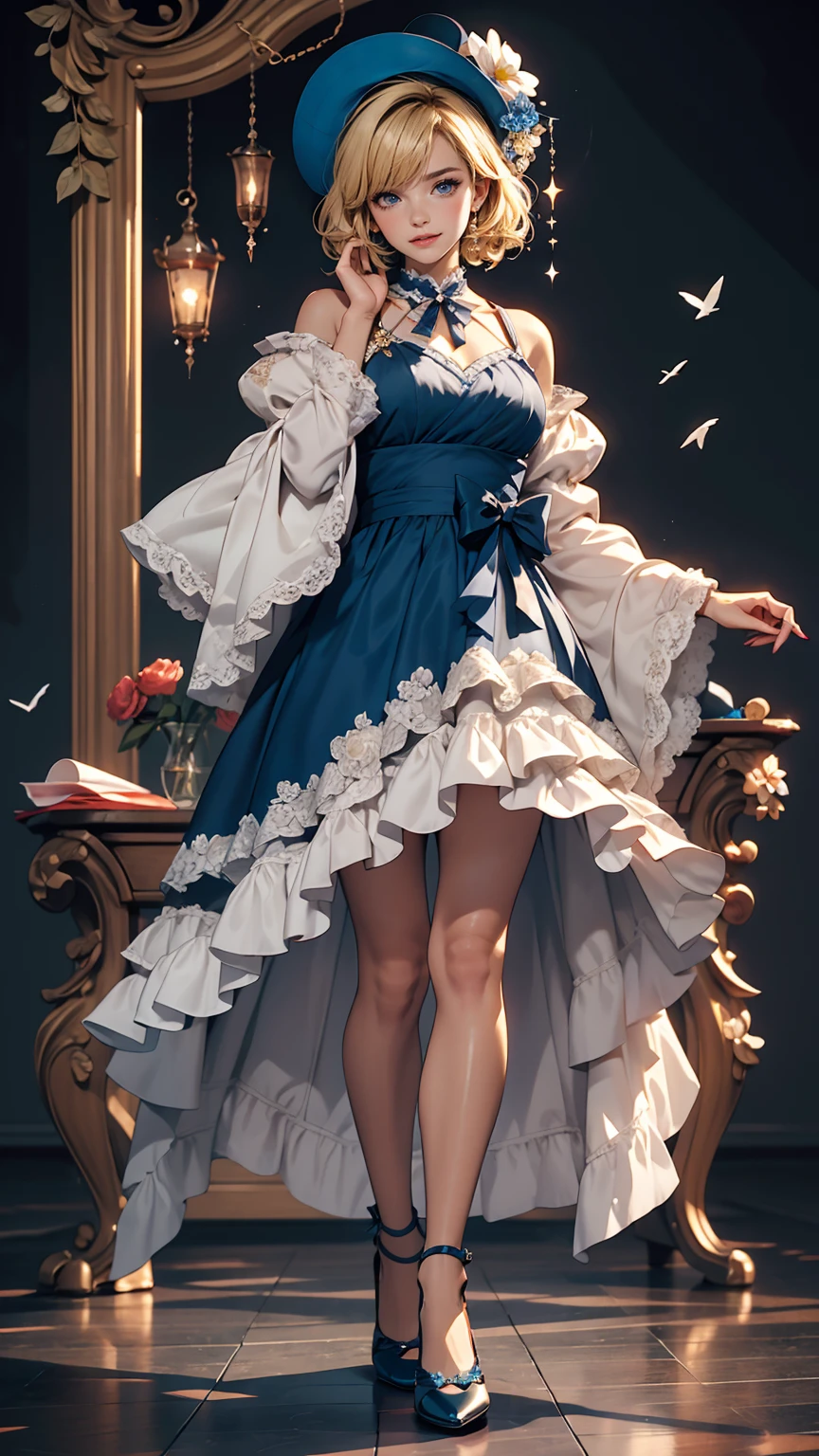 uekura, One girl, Blonde, White Background, Have, dress, Blue footwear, wing, Simple Background, sign, flower, Manicure, Wide sleeves, Long sleeve, blush, animal, white flower, alone, whole body, bird, View your viewers, High heels, Put your hand on your cheek, put your hand on your face, Frills, bow, bangs, ribbon, Bell, Blue hat, +_+, shoes下, short hair, Grey Eyes, shoes, Blue Claws, feathered wing, blue bow