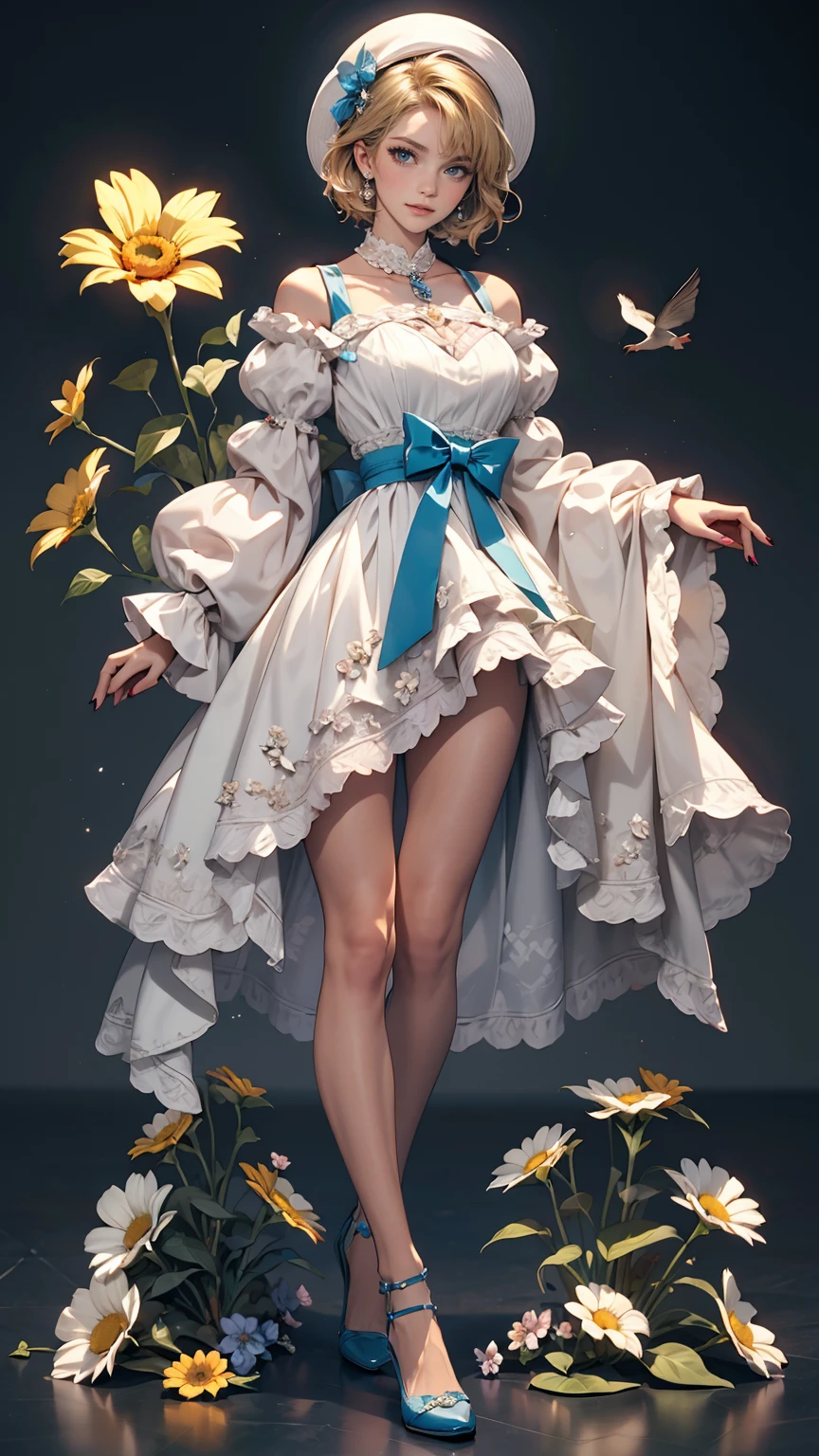 uekura, One girl, Blonde, White Background, Have, dress, Blue footwear, wing, Simple Background, sign, flower, Manicure, Wide sleeves, Long sleeve, blush, animal, white flower, alone, whole body, bird, View your viewers, High heels, Put your hand on your cheek, put your hand on your face, Frills, bow, bangs, ribbon, Bell, Blue hat, +_+, shoes下, short hair, Grey Eyes, shoes, Blue Claws, feathered wing, blue bow