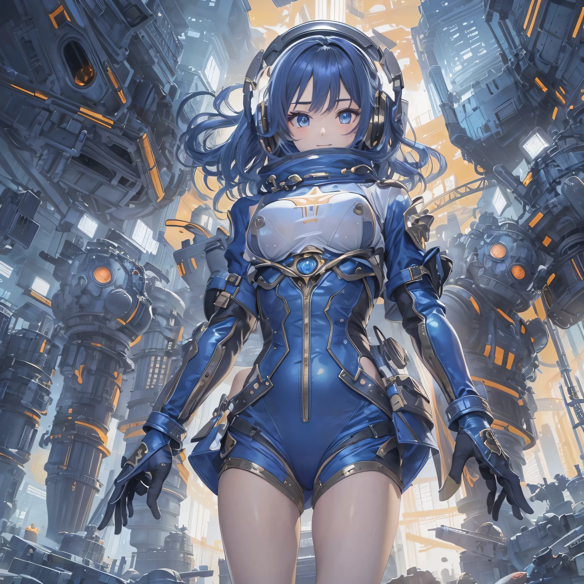 (masterpiece、highest quality、Highest Resolution、Clear_image、Detailed details、Angle from above): (Whole body、One 20 year old girl、Japanese Faces、Small Face、Slender、Navy blue super short bob cut hair、(Hidden small breasts:1.3)、Sparkling blue eyes、Shiny pilot suit in blue and black colors、Chest protection armor、Tight fitting clothes、Clothing that covers the whole body、Glamorous clothes、Tight Fit Pants、Hide your skin、Very delicate and beautiful、Detailed Skin、hide thighs、Hide your ass、Cute、A gentle smile、Soft expression、heroine、headset、Knee-high boots、Elbow-length gloves、Eye Level Shot、Face directly、Woman on a spaceship)