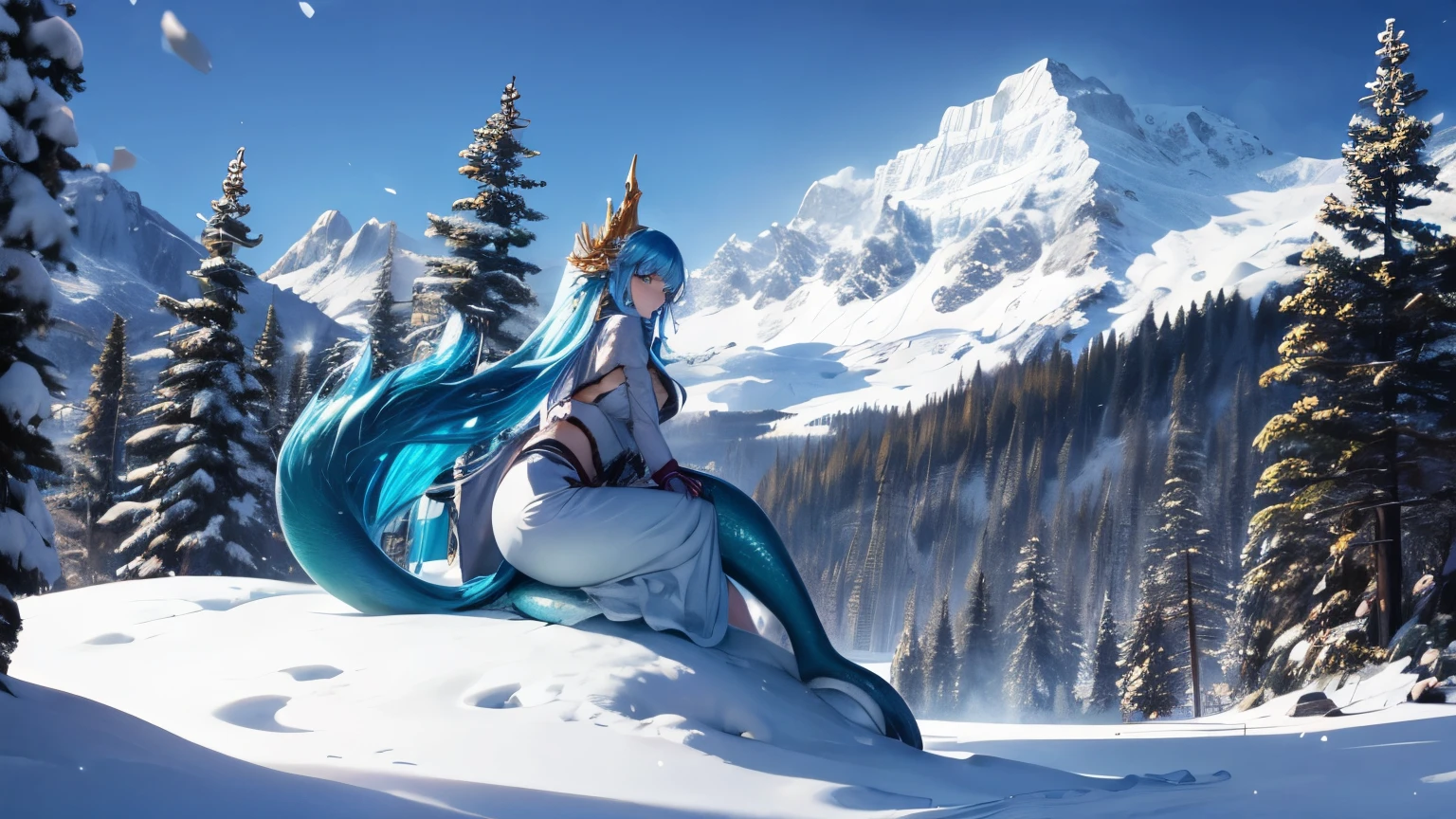 landscape, forest, snow mountain, mermaid, a creature, cute, beautiful, fantasy, white background, with a snowy mountain, with a shrine